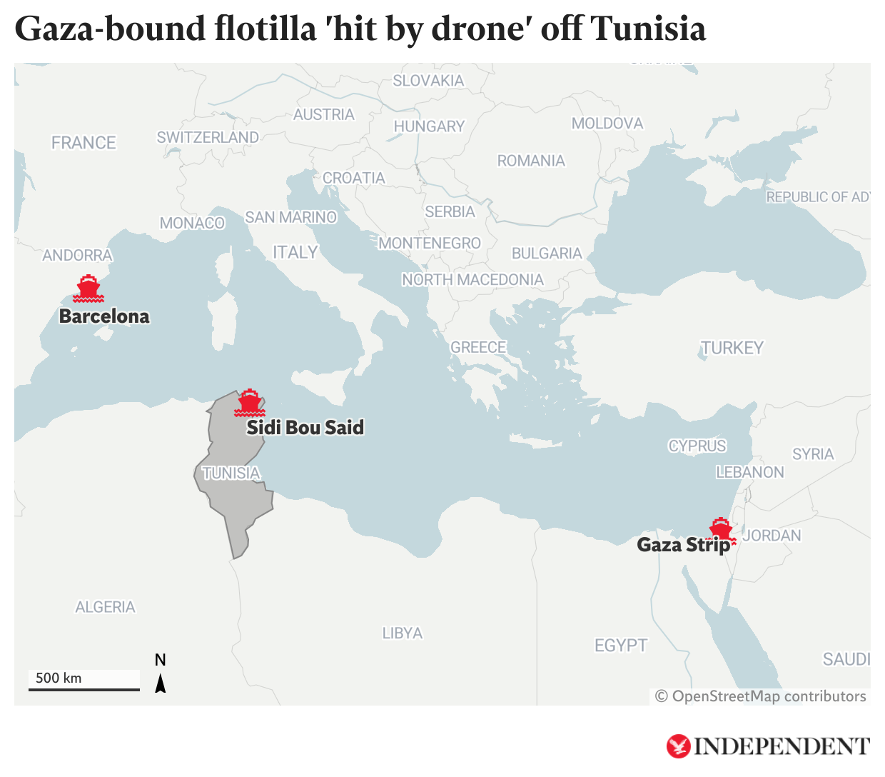 The Gaza-bound flotilla began its journey from Barcelona earlier this month and reached Tunisia’s Sidi Bou Said port over the weekend. Before Monday night’s incident, it was expected to reach Gaza by the end of this month