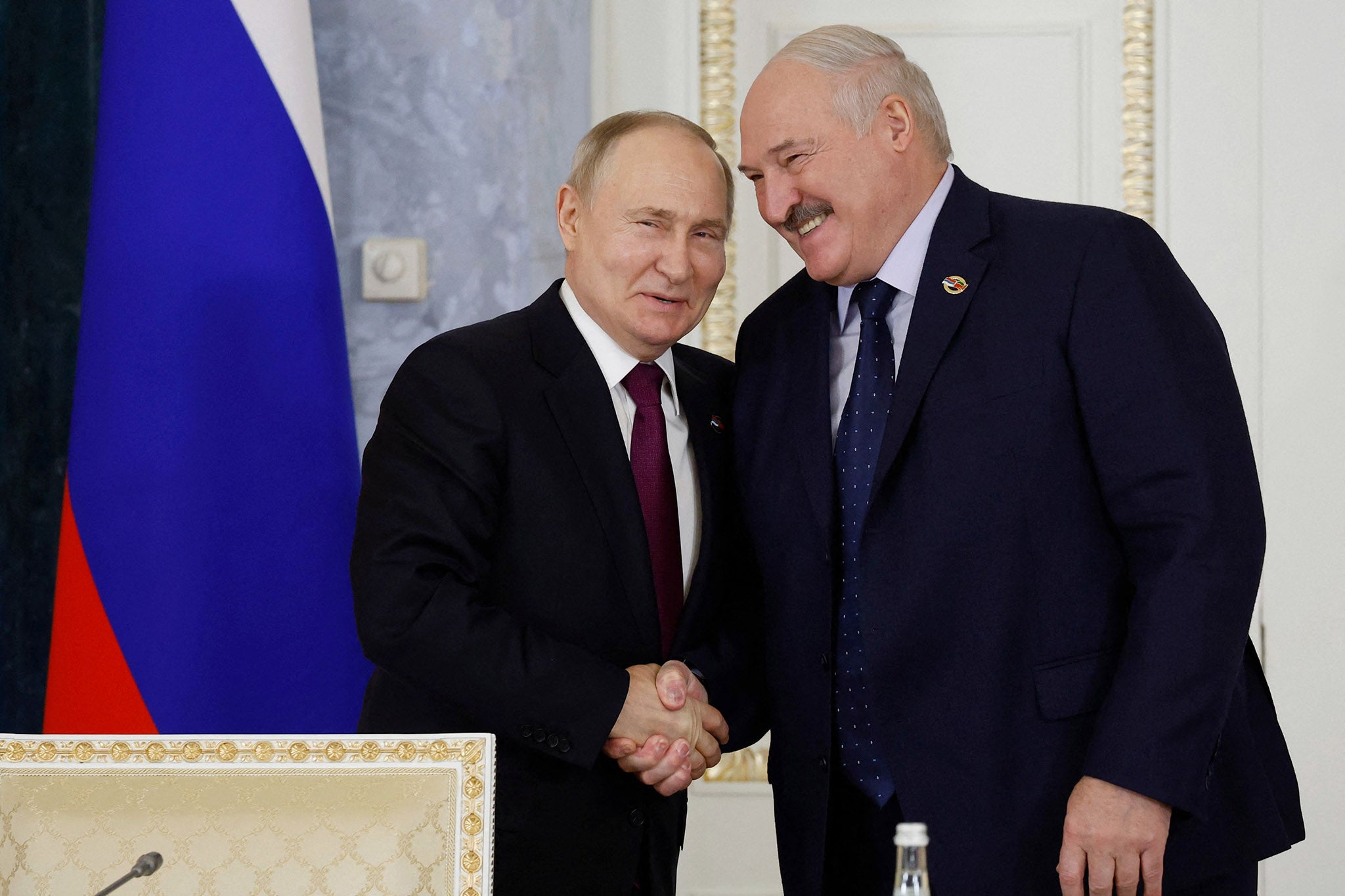 <p>Russia’s Vladimir Putin and Belarus’ president Alexander Lukashenko attend a meeting of the Supreme State Council of the Union State of Russia and Belarus in Saint Petersburg in 2024</p>