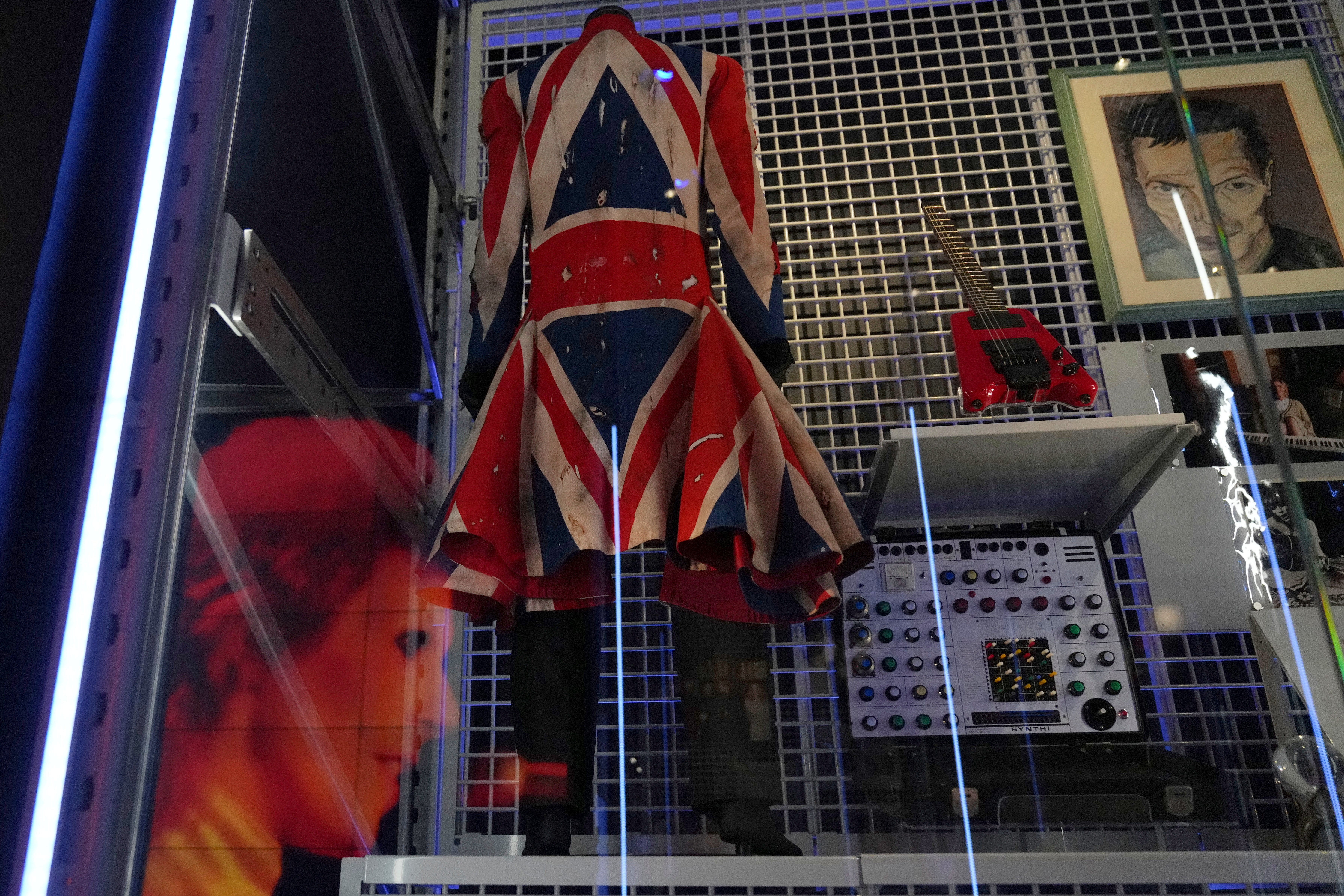 A frock coat designed for the late David Bowie by British designer Alexander McQueen is on display at the V&A East Storehouse, showcasing two of Britain’s best known artistic figures