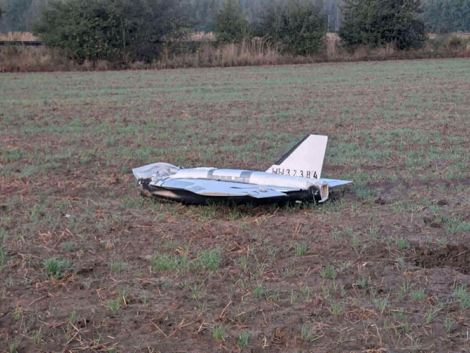A damaged drone lies after falling in the eastern Polish village of Czosnowka