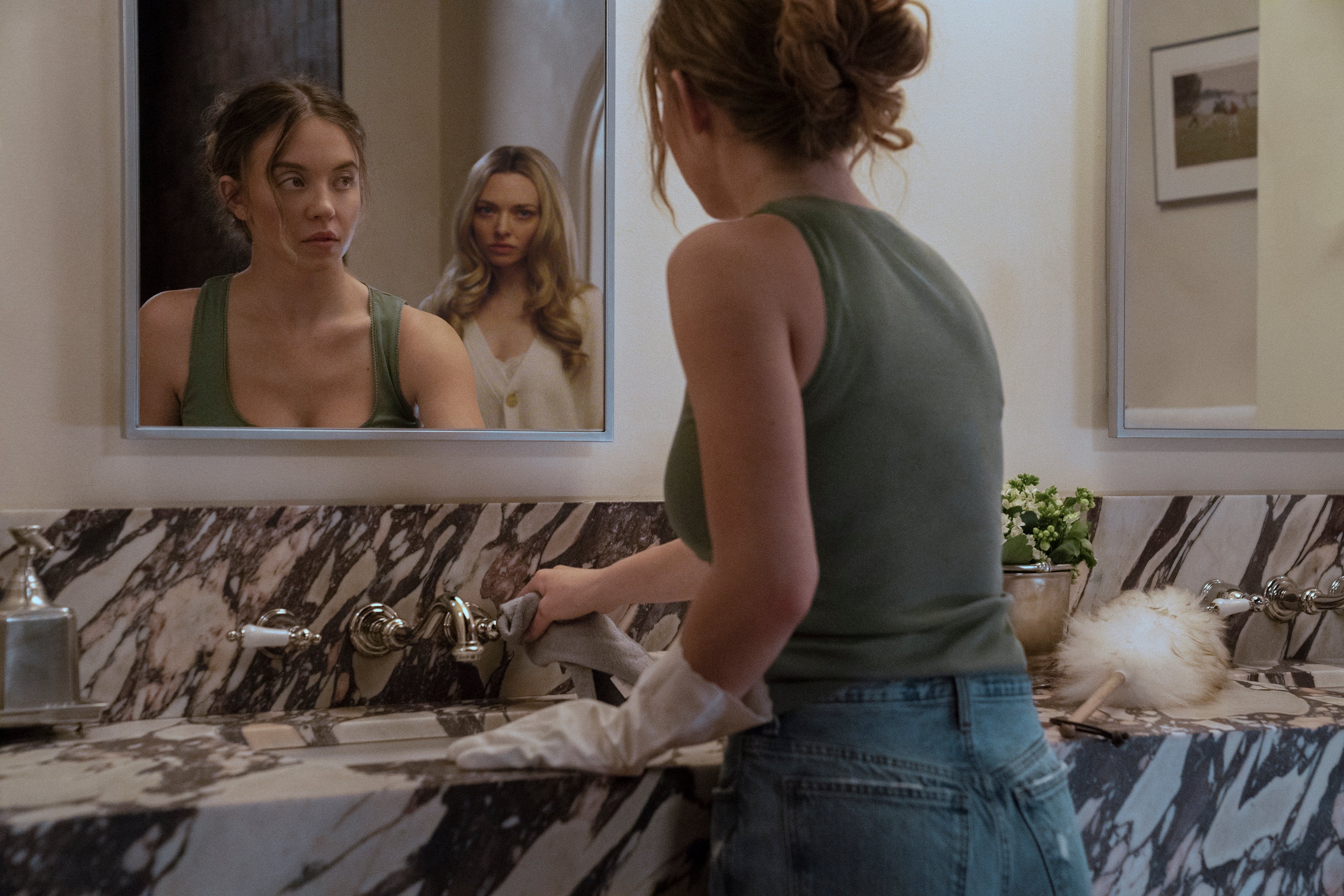Sydney Sweeney interpreta uma empregada doméstica que trabalha para a família rica da personagem de Amanda Seyfried no filme
