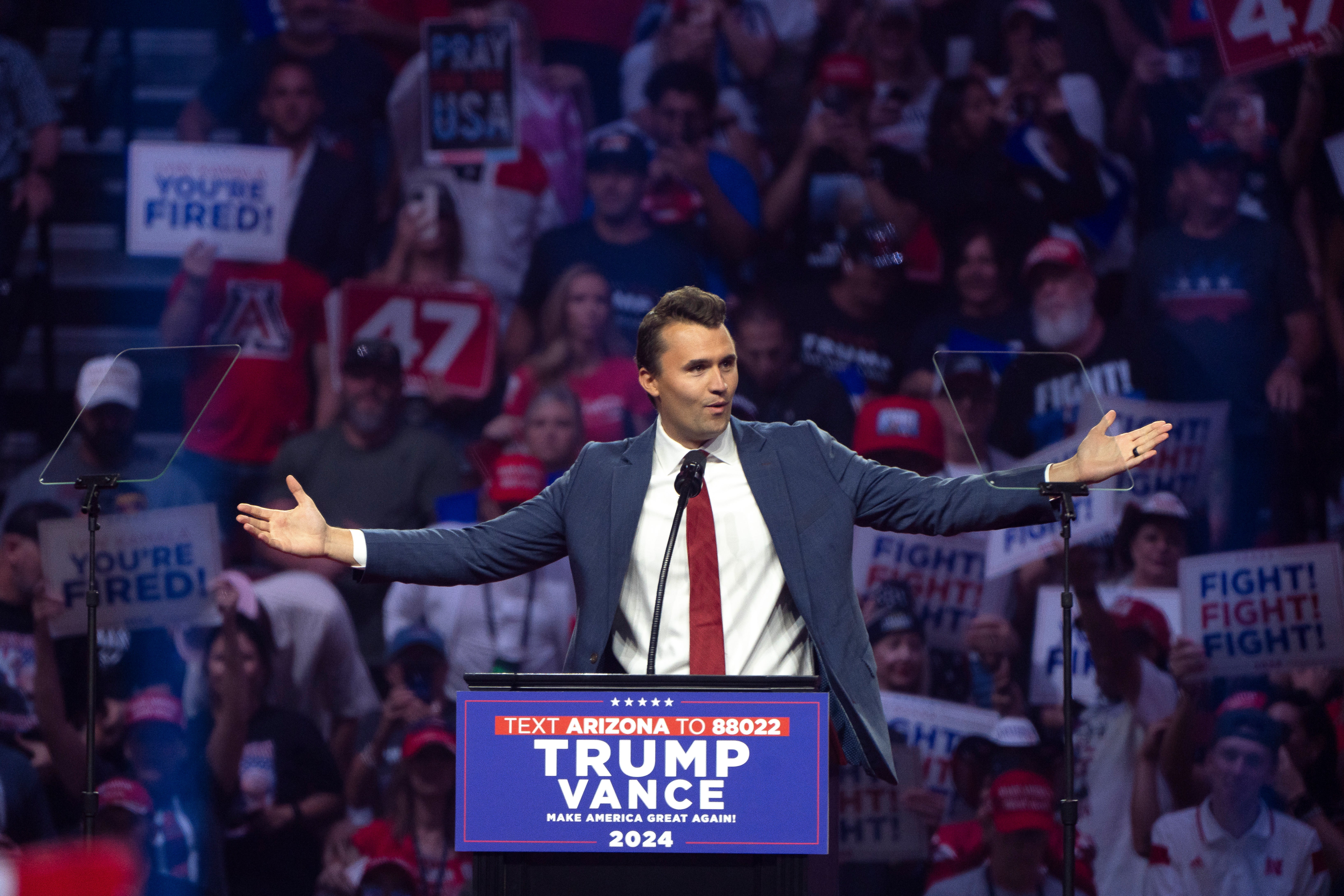 Charlie Kirk speaking during a Trump/Vance campaign rally in August 2024. Ahead of the election, Kirk visited approximately 25 college campuses in key battleground states, with the intention of mobilizing Gen-Z voter turnout