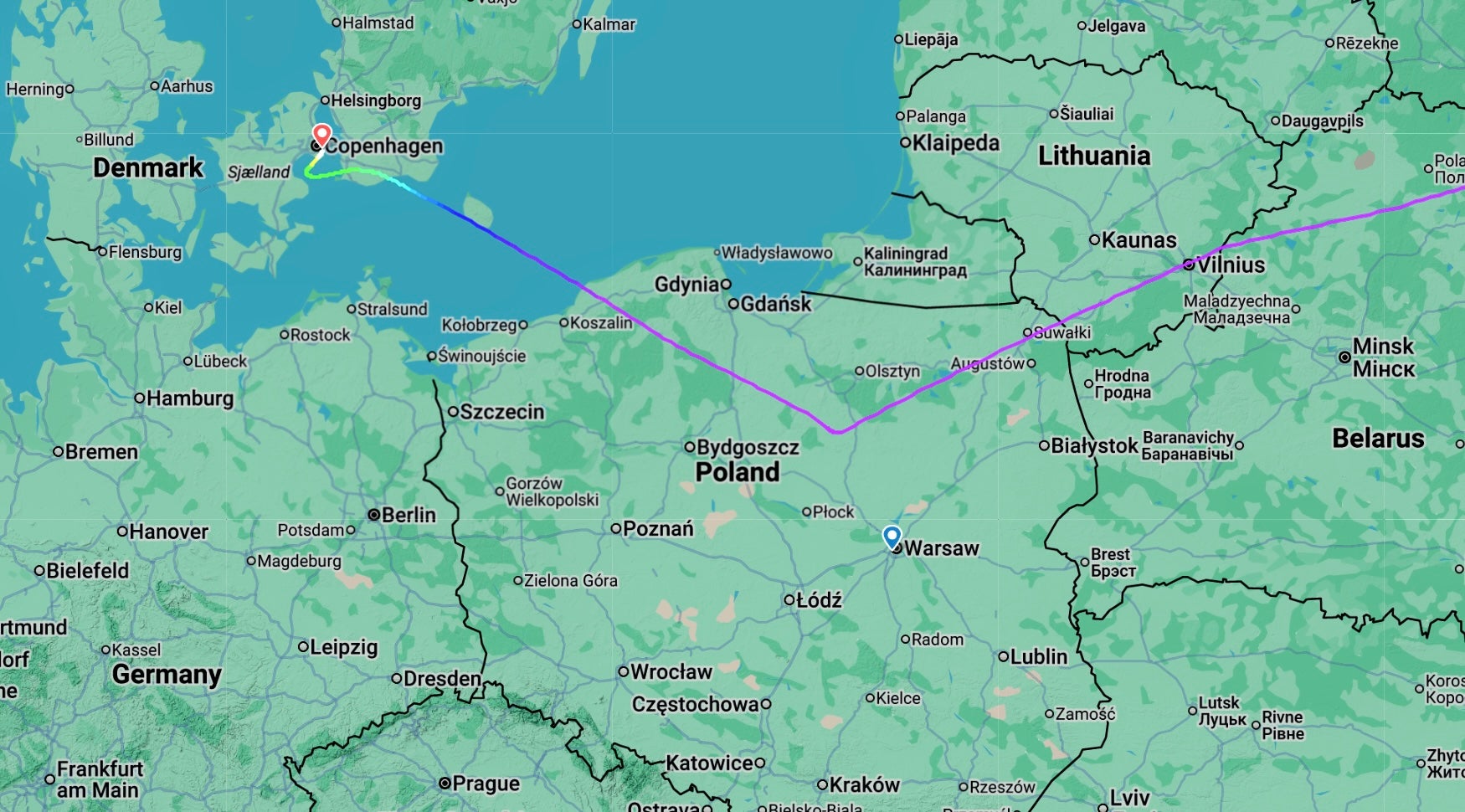 Avoiding manoeuvre: flightpath of Air China flight CA737 from Beijing to Warsaw, which diverted to Copenhagen in Denmark