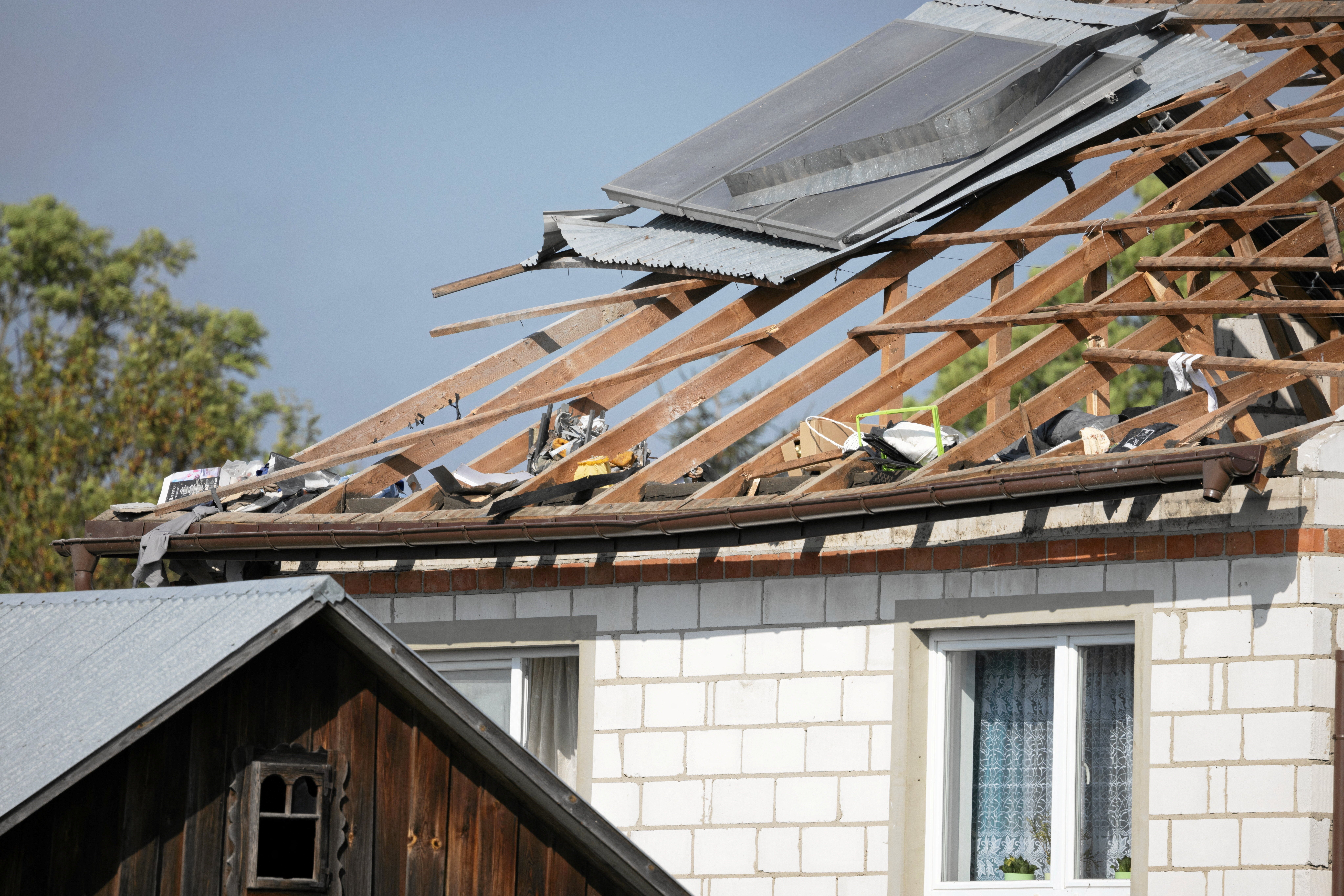 The ruins of a building struck by a Russian drone in Poland
