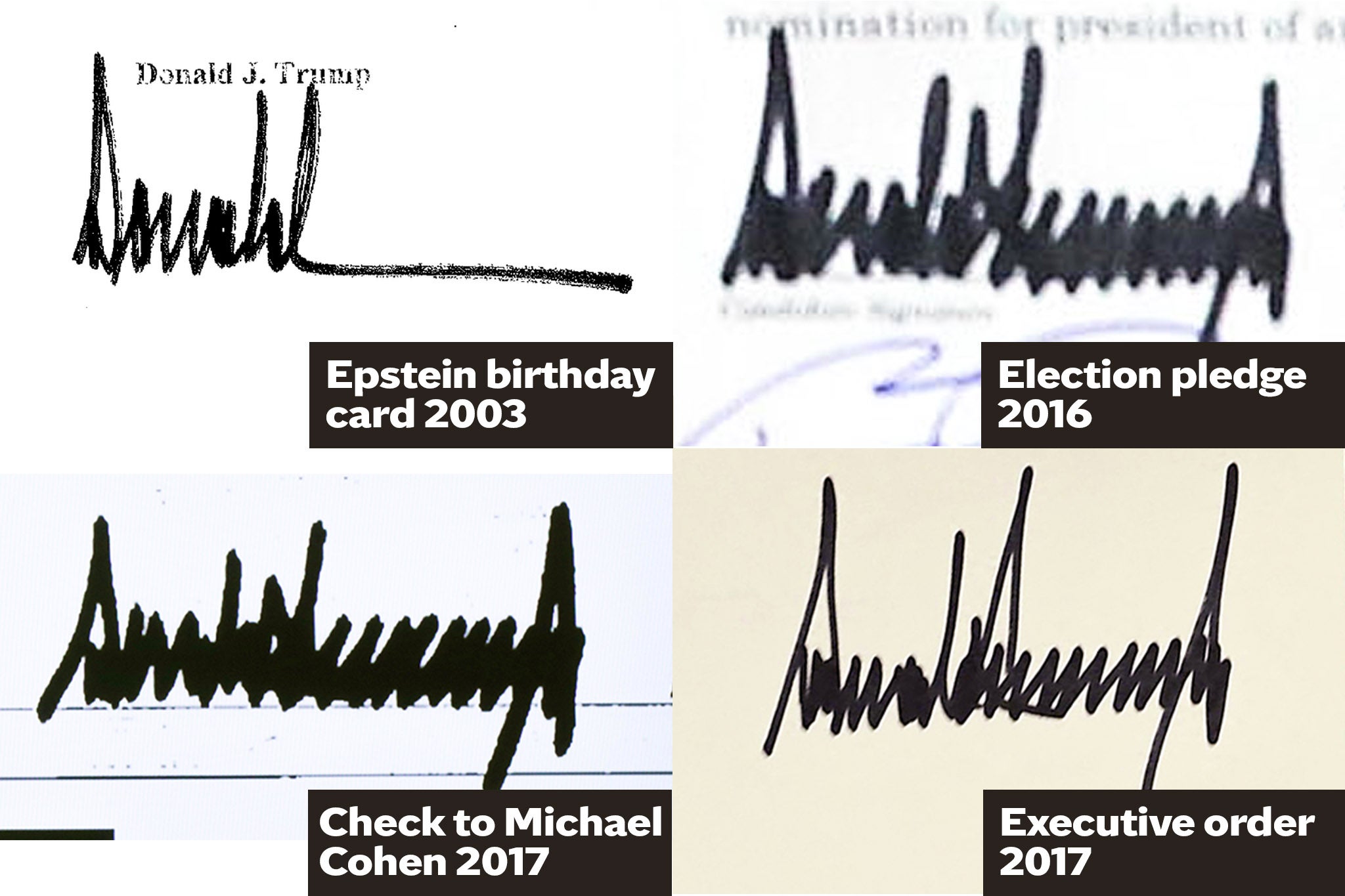 The alleged birthday signature (top left) only uses a first name, where as official documents feature Trump’s full name