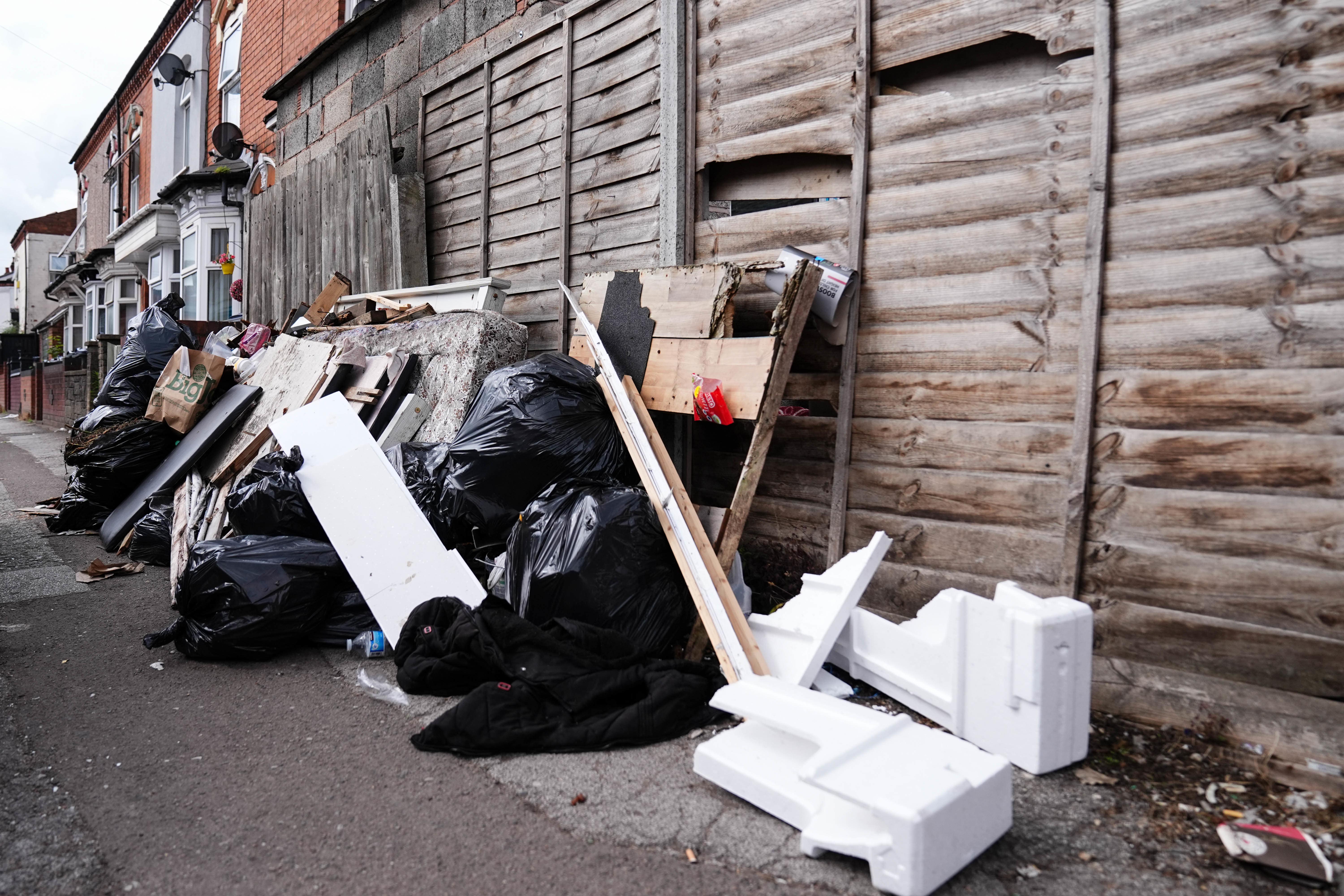 Uncollected refuse bags in the Sparkhill area of Birmingham, amid the ongoing strike by refuse workers (Jacob King/PA)