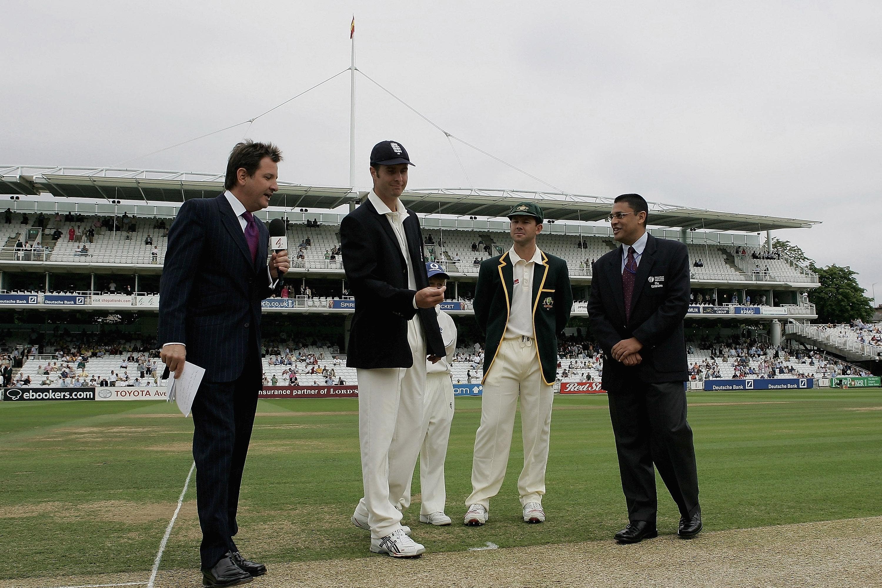 Mark Nicholas (left) oversees the toss ahead of the first Ashes Test in 2005 (Tom Shaw/PA).
