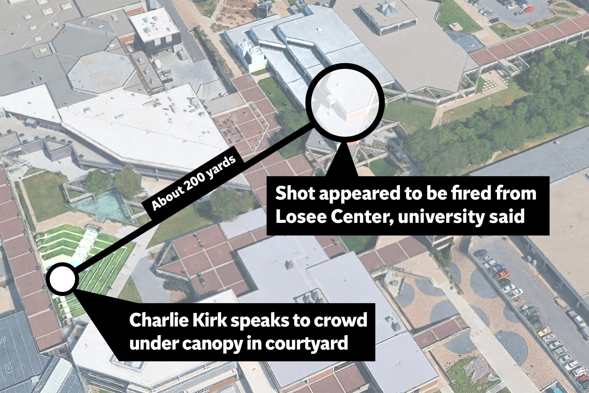 A map shows the locations of the Charlie Kirk event in an outdoor amphitheater and the suspected shooter on the Utah college campus