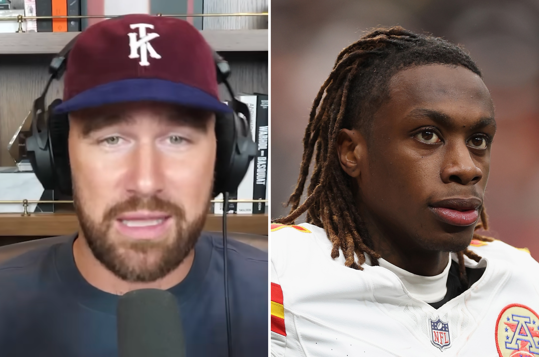 Kansas City Chiefs star Travis Kelce collided with teammate Xavier Worthy (right) during their first game of the season against the Los Angeles Chargers