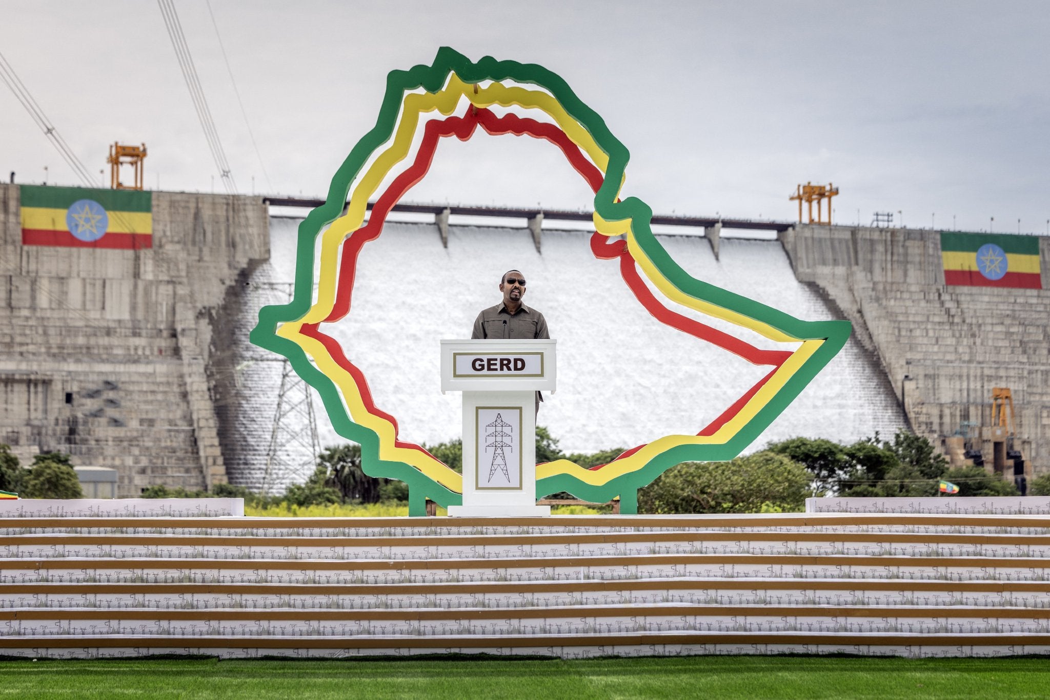 The prime minister of Ethiopia Abiy Ahmed delivers his remarks during the official inauguration ceremony of the Grand Ethiopian Renaissance Dam (GERD) in Guba
