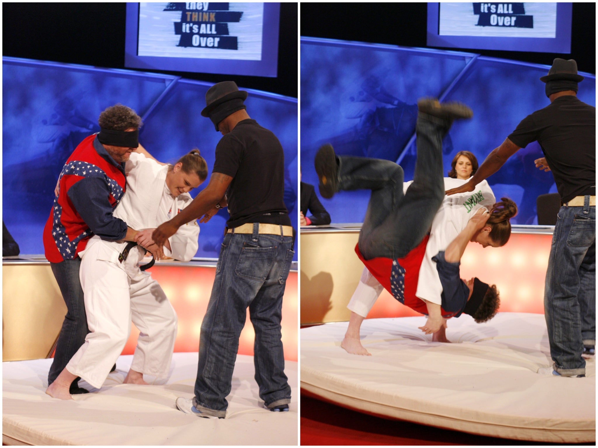 Rory McGrath, British Judo Champion Karina Bryant and Ian Wright in a particularly lively game of ‘Feel the Sportsman’