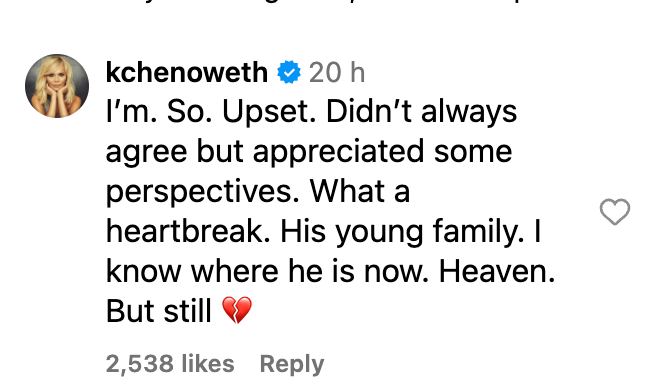 Kristin Chenoweth commented that she was 'so upset' by Kirk's death