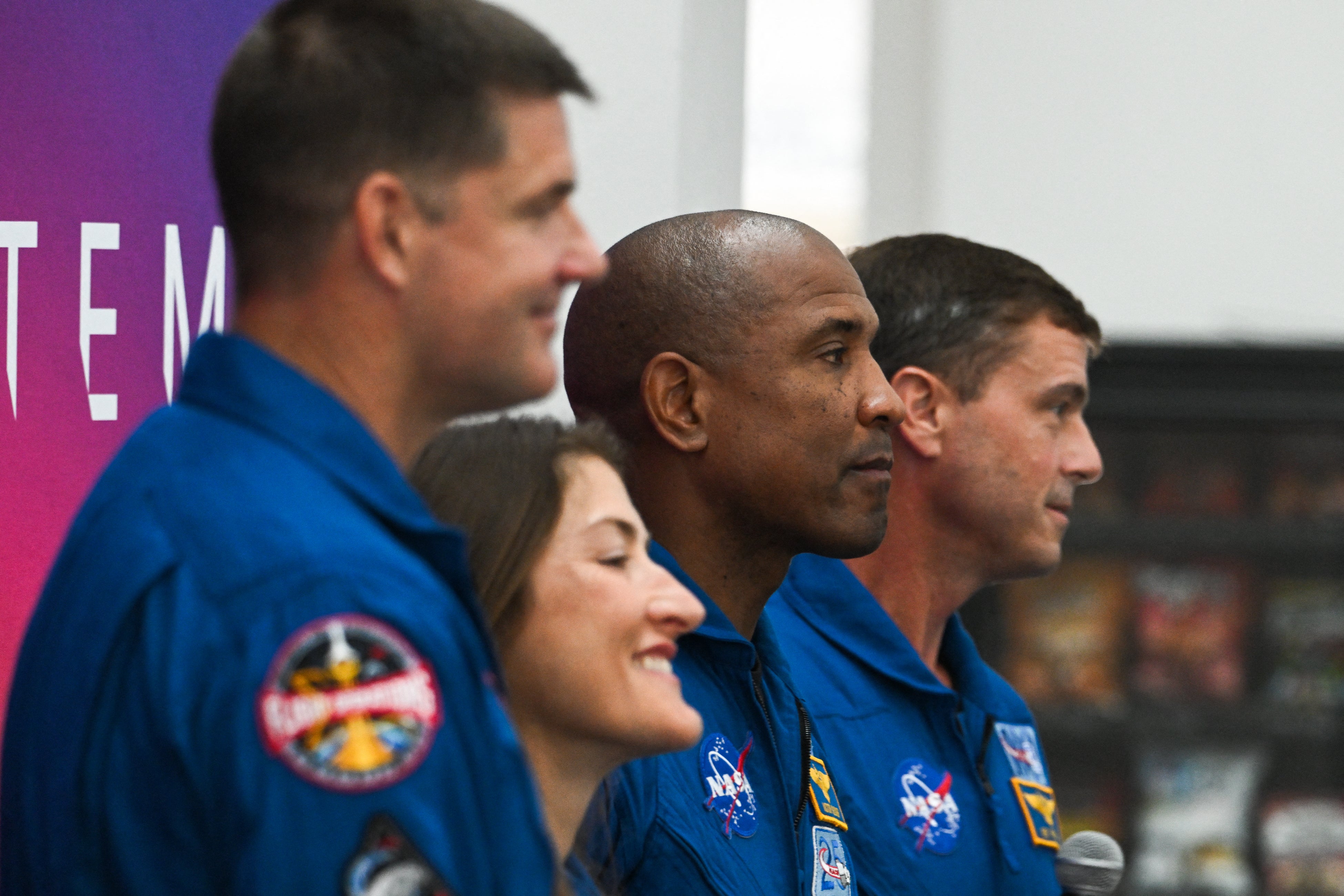 Astronauts Jeremy Hansen, Christina Koch, Victor Glover and Reid Wiseman during an Artemis Media event at Nasa’s Kennedy Space Center