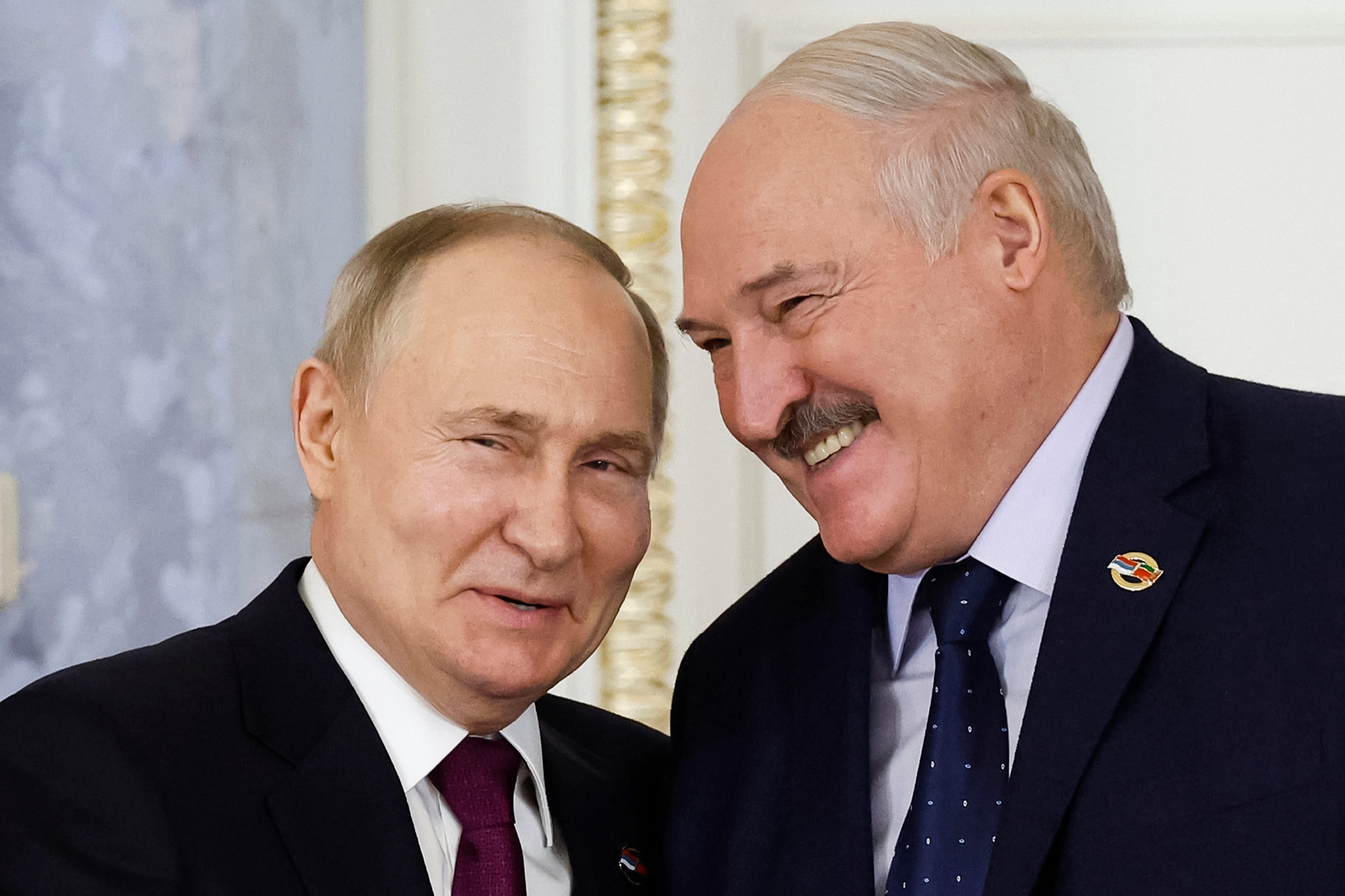 Lukashenko sharing a joke with Russian President Vladimir Putin in 2024