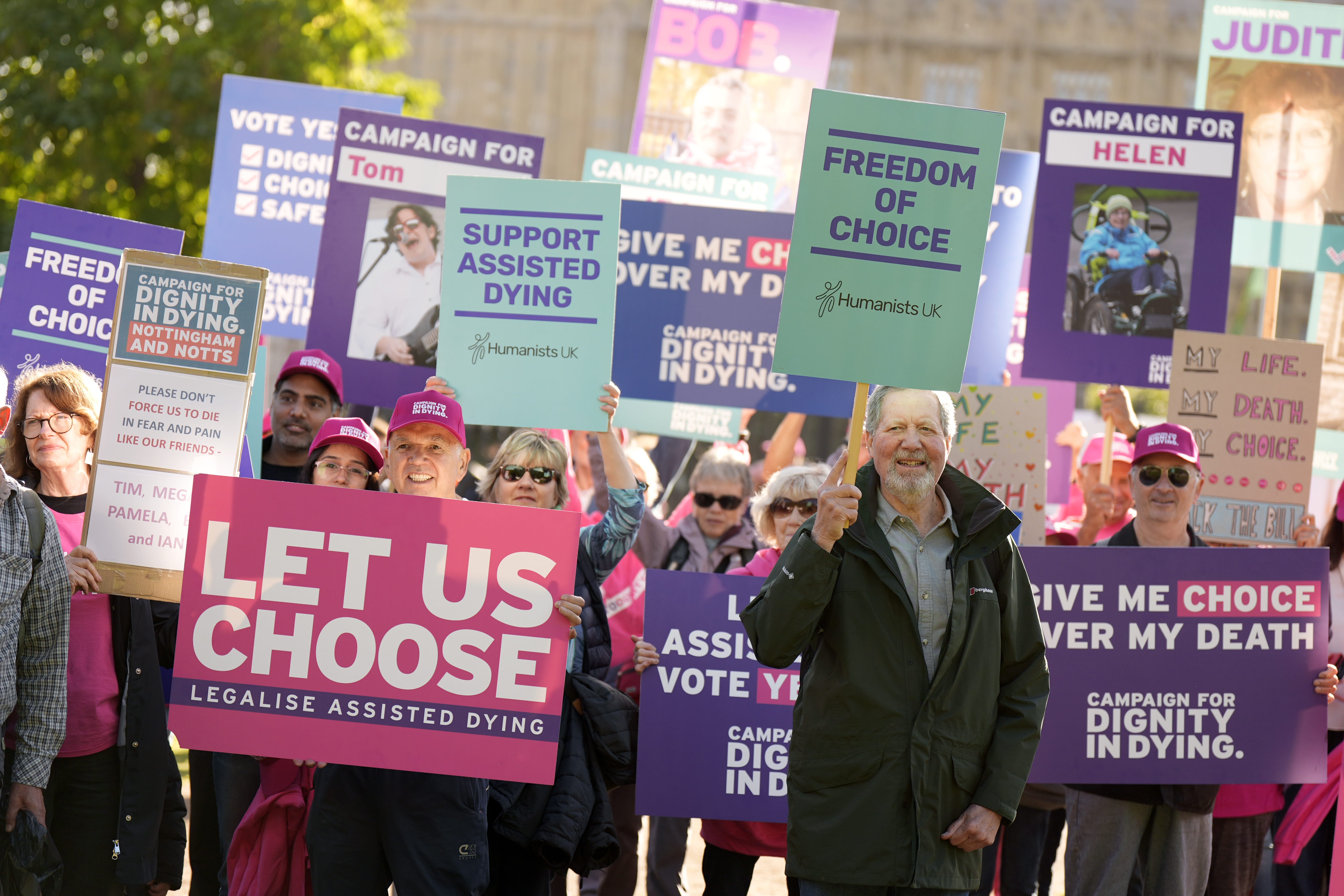 Pro-assisted dying campaigners outside the Houses of Parliament, London, ahead of Assisted Dying Bill being debated in the House of Lords for the first time (Aaron Chown/PA)