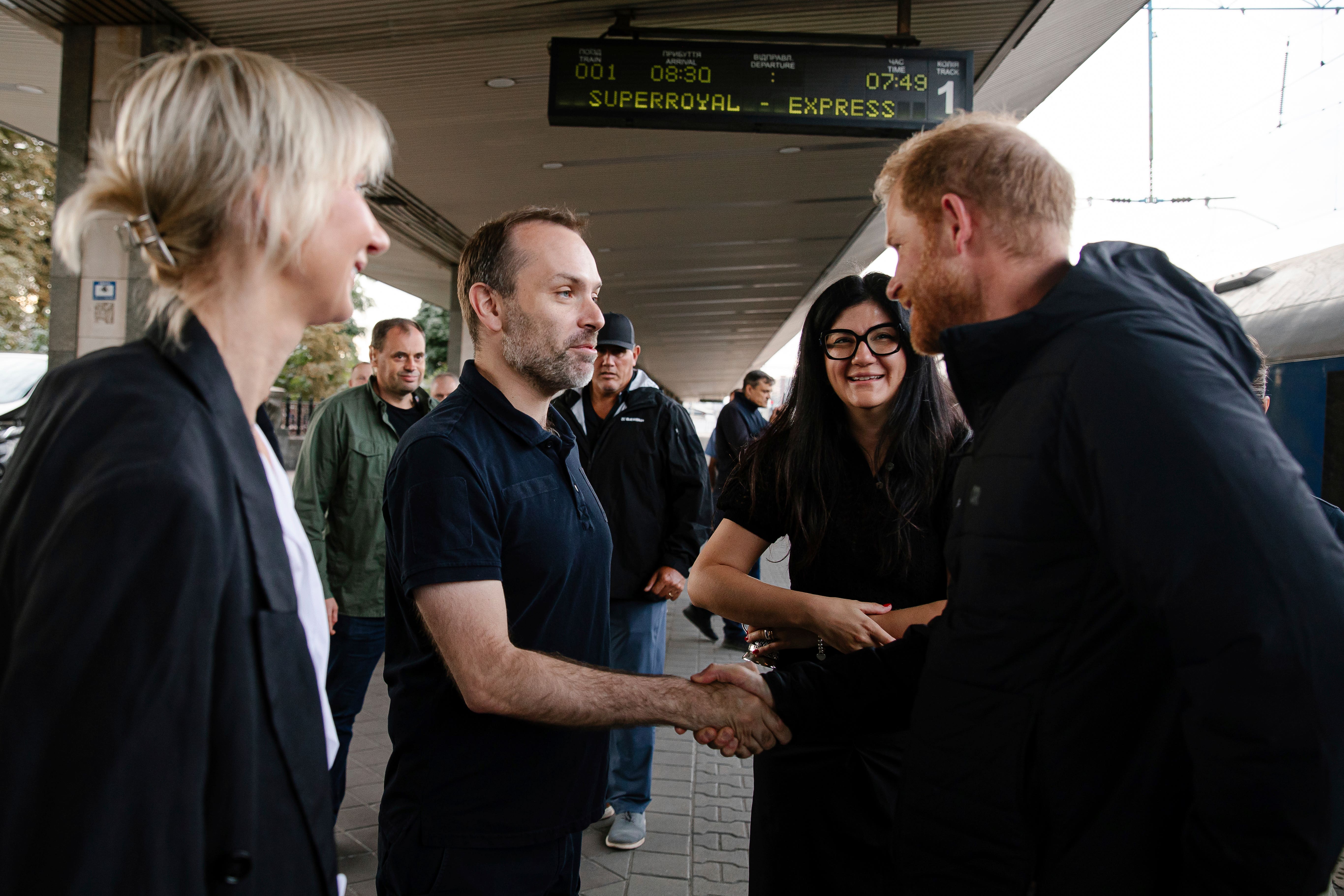 The Duke of Sussex (right) arrives in Ukraine (Railway of Ukraine Ukrzaliznytsia via AP/PA)