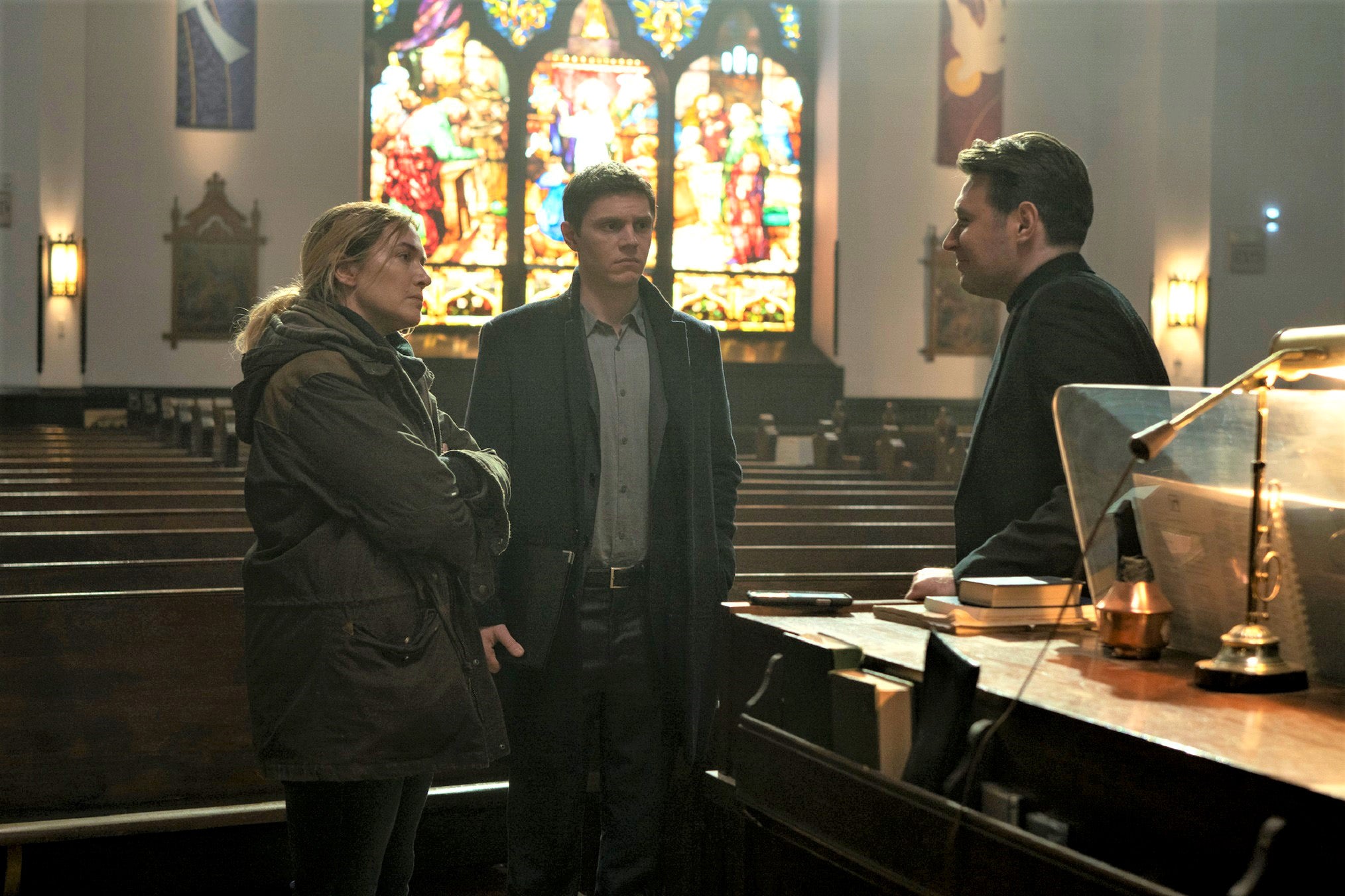 Kate Winslet, Evan Peters and James McArdle in ‘Mare of Easttown’