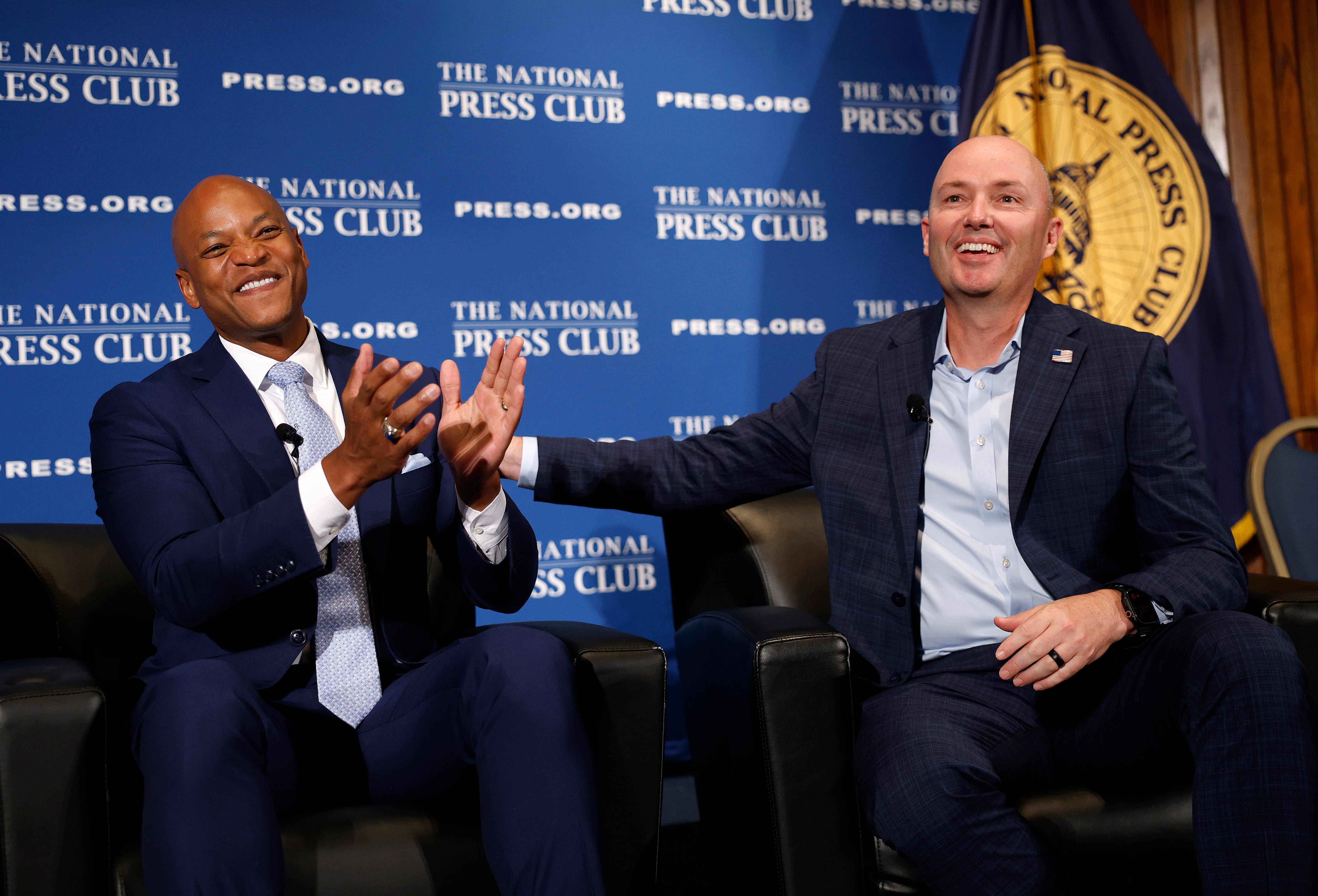 Gov. Wes Moore (D-MD) and Gov. Spencer Cox (R-UT) speak on bipartisanship at the National Press Club on September 04.