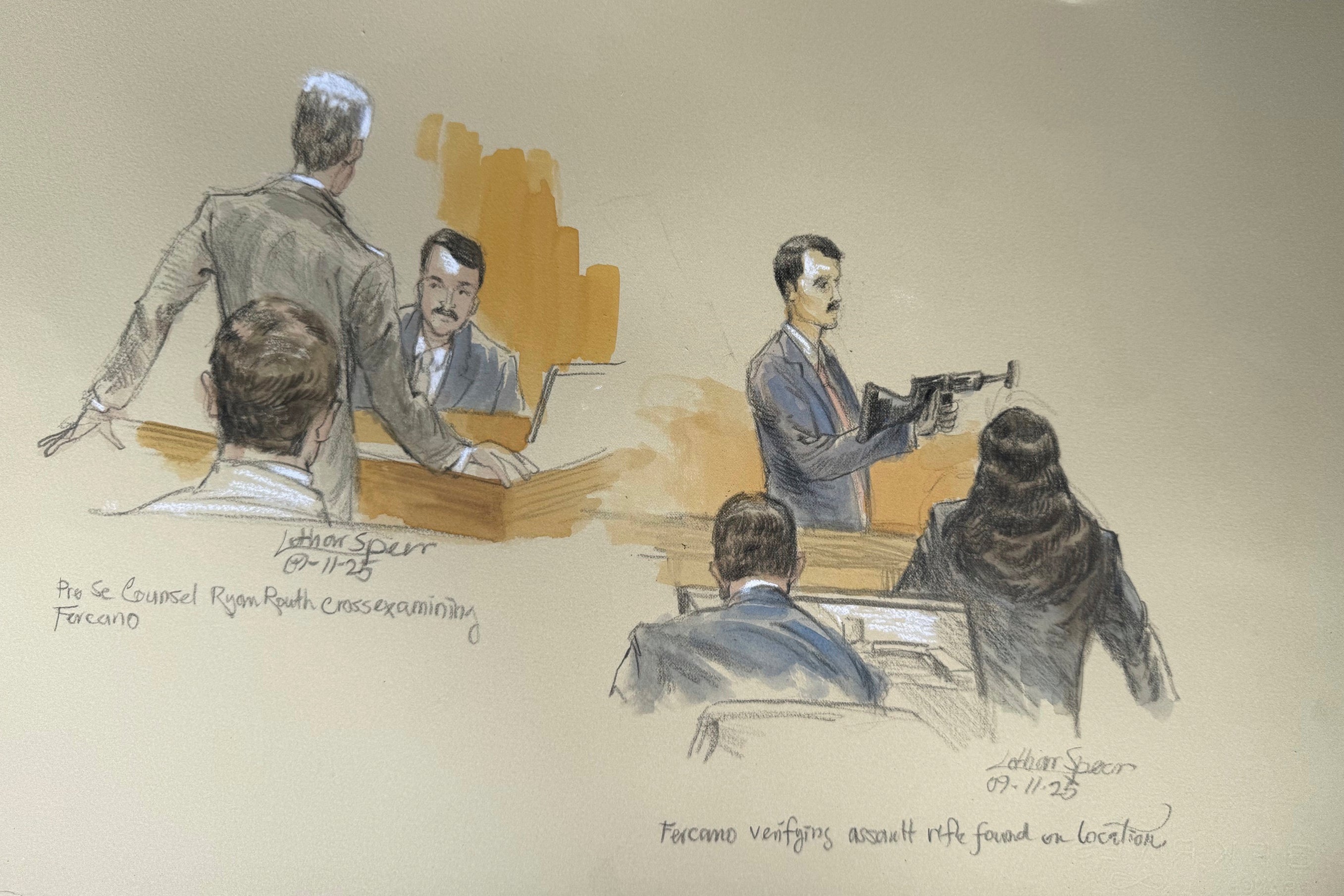 This courtroom sketch shows Secret Service agent Robert Fercano holding up the weapon found in the bushes during opening statements in the trial of Ryan Routh, who is charged with attempting to assassinate Donald Trump last year at a golf course in South Florida, Thursday, Sept. 11, 2025, in Fort Pierce, Fla