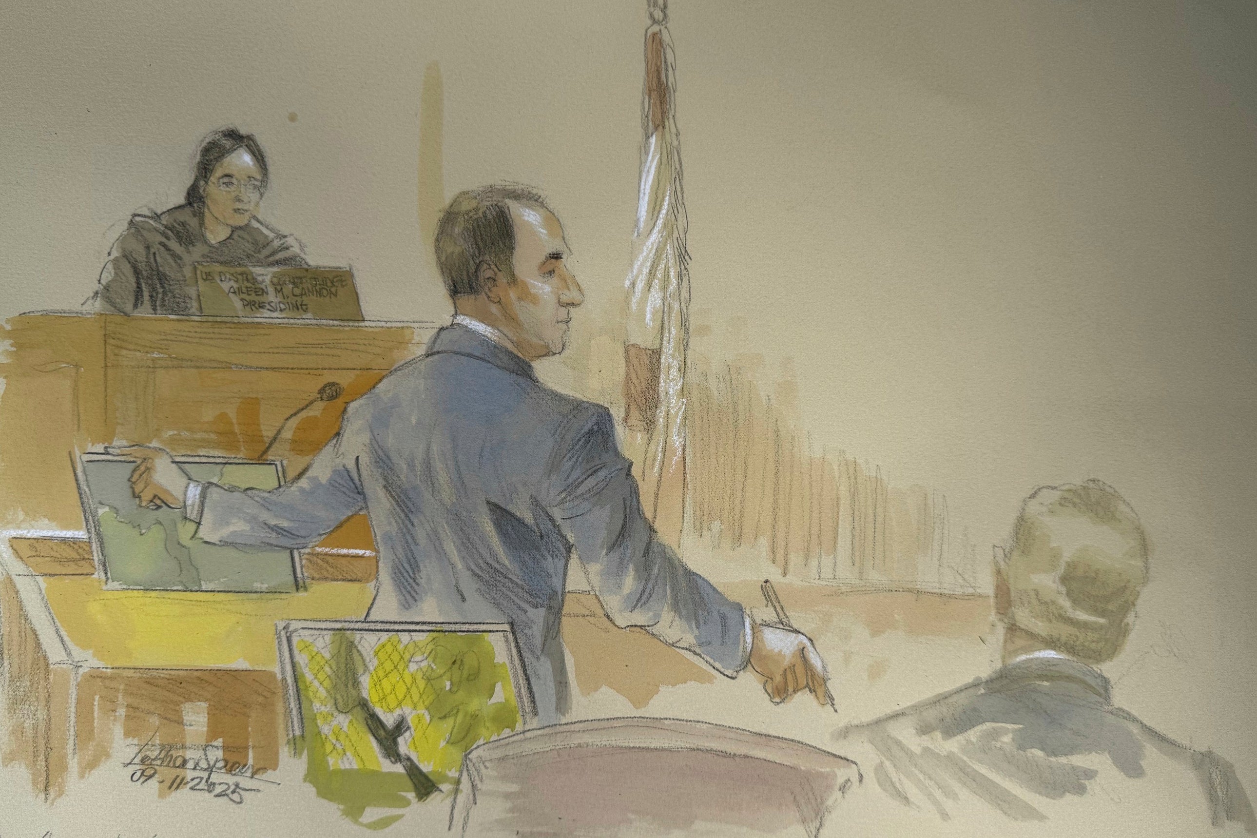 This courtroom sketch shows lead government prosecutor John Shipley speaking during the opening statements of the during the trial of Ryan Routh, who is charged with attempting to assassinate Donald Trump last year at a golf course in South Florida, Thursday, Sept. 11, 2025, in Fort Pierce, Fla