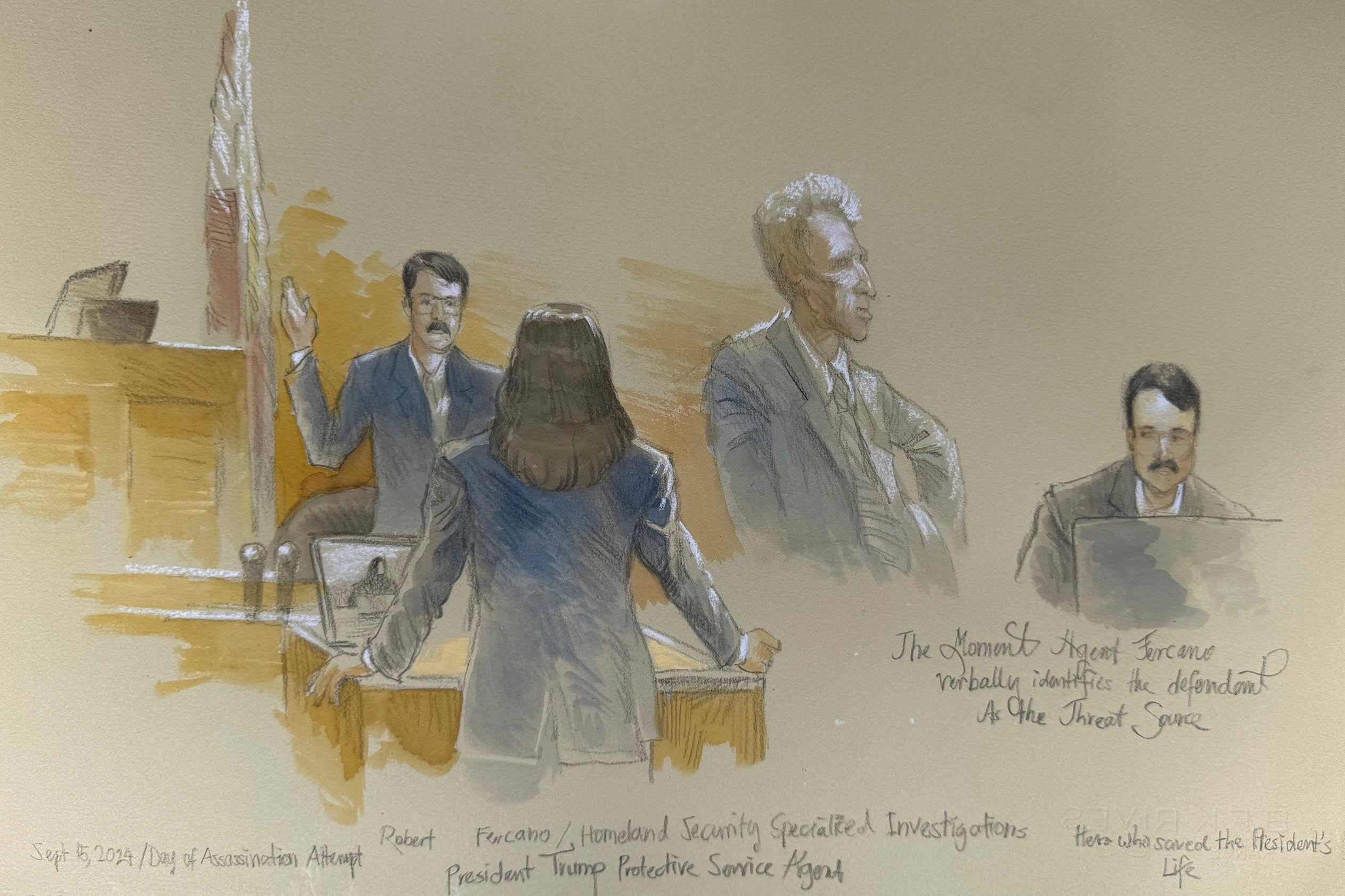 This courtroom sketch shows Secret Service agent Robert Fercano identifying the defendant in the trial of Ryan Routh, who is charged with attempting to assassinate Donald Trump last year at a golf course in South Florida, Thursday, Sept. 11, 2025, in Fort Pierce, Fla