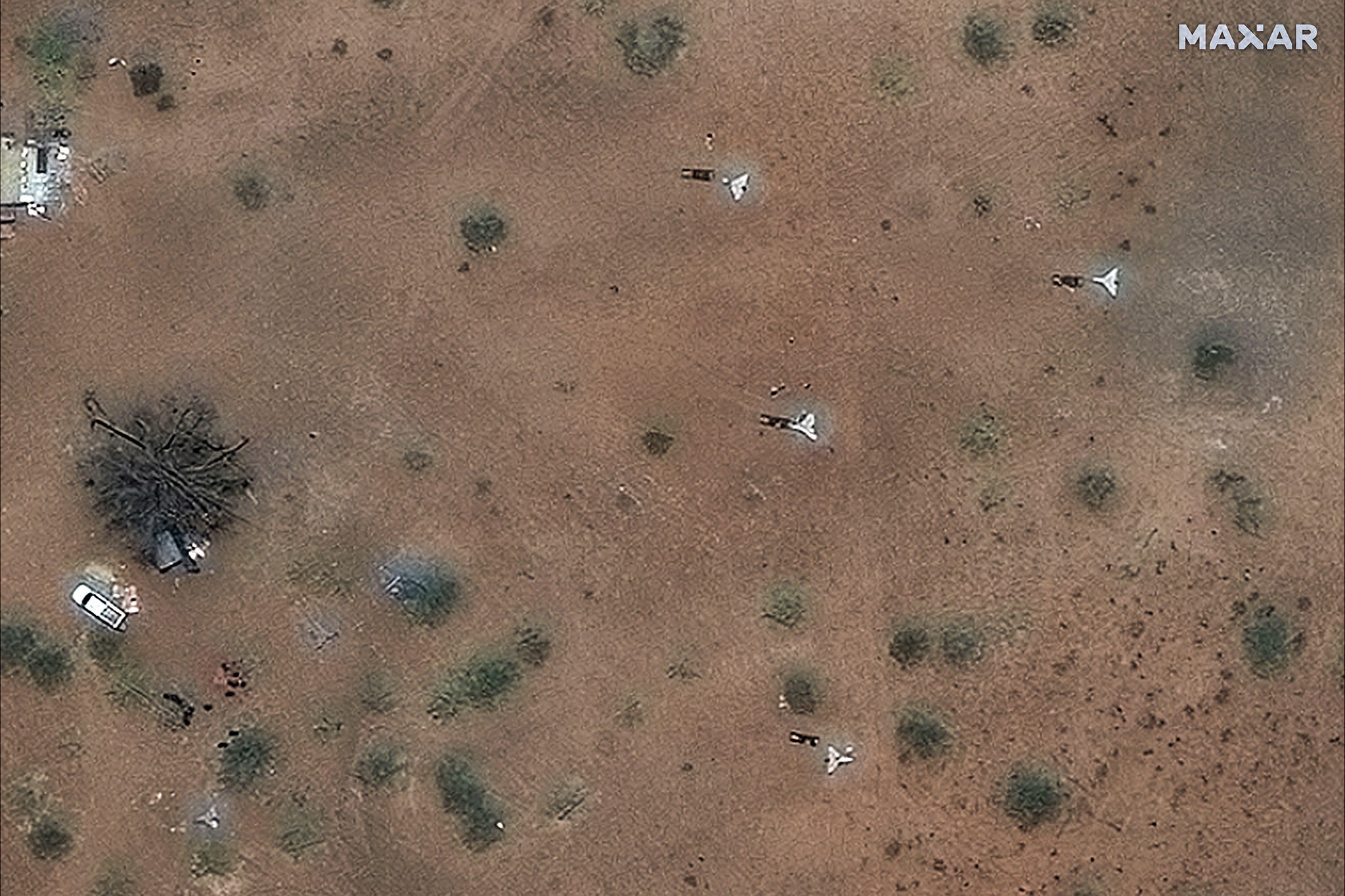 A satellite image shows long-range 'suicide' drones and launching gear north of the airport in Nyala, Sudan, May 6, 2025