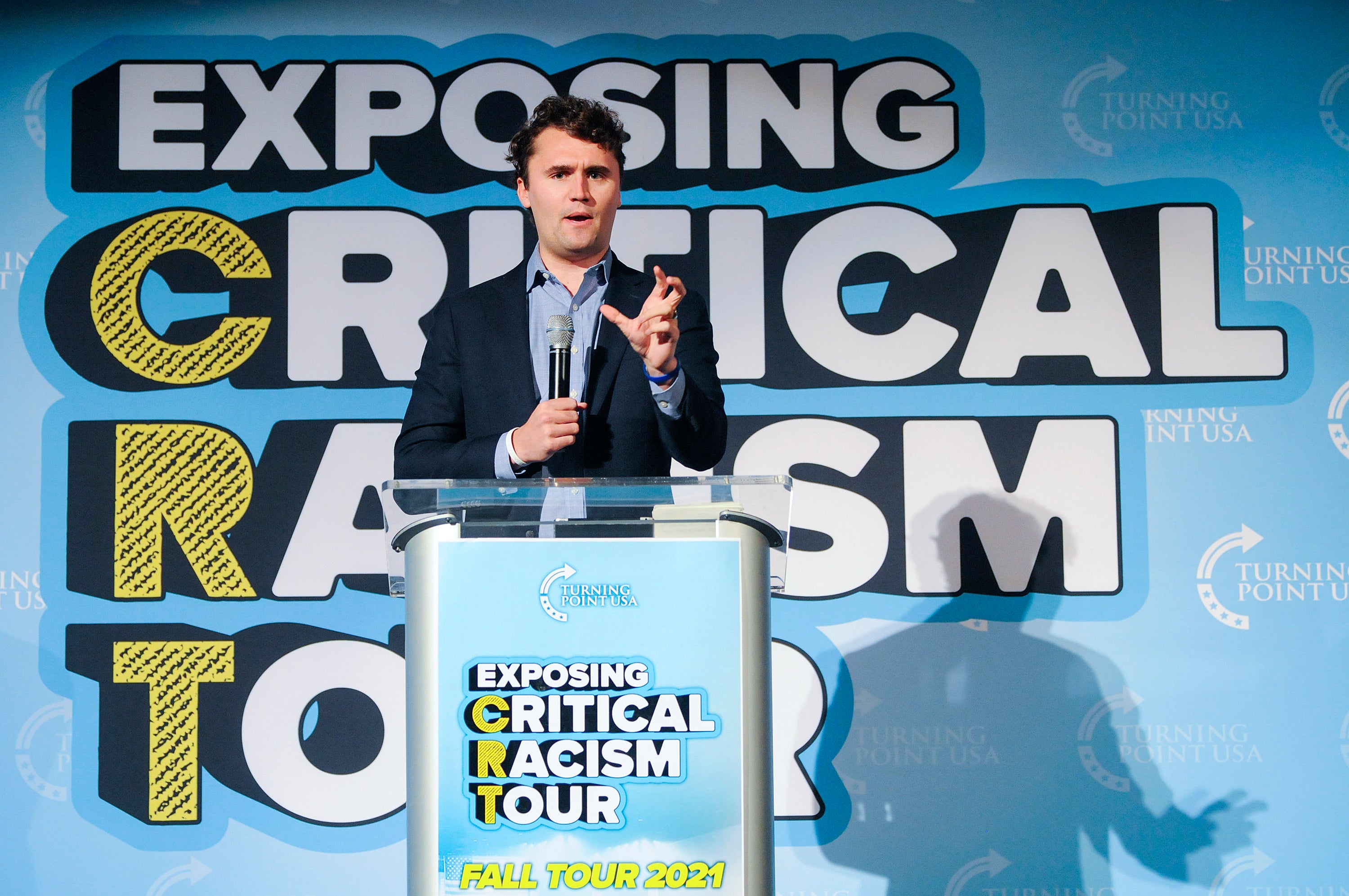 Turning Point USA founder Charlie Kirk speaks to the audience on his ‘Exposing Critical Racism Theory’ tour