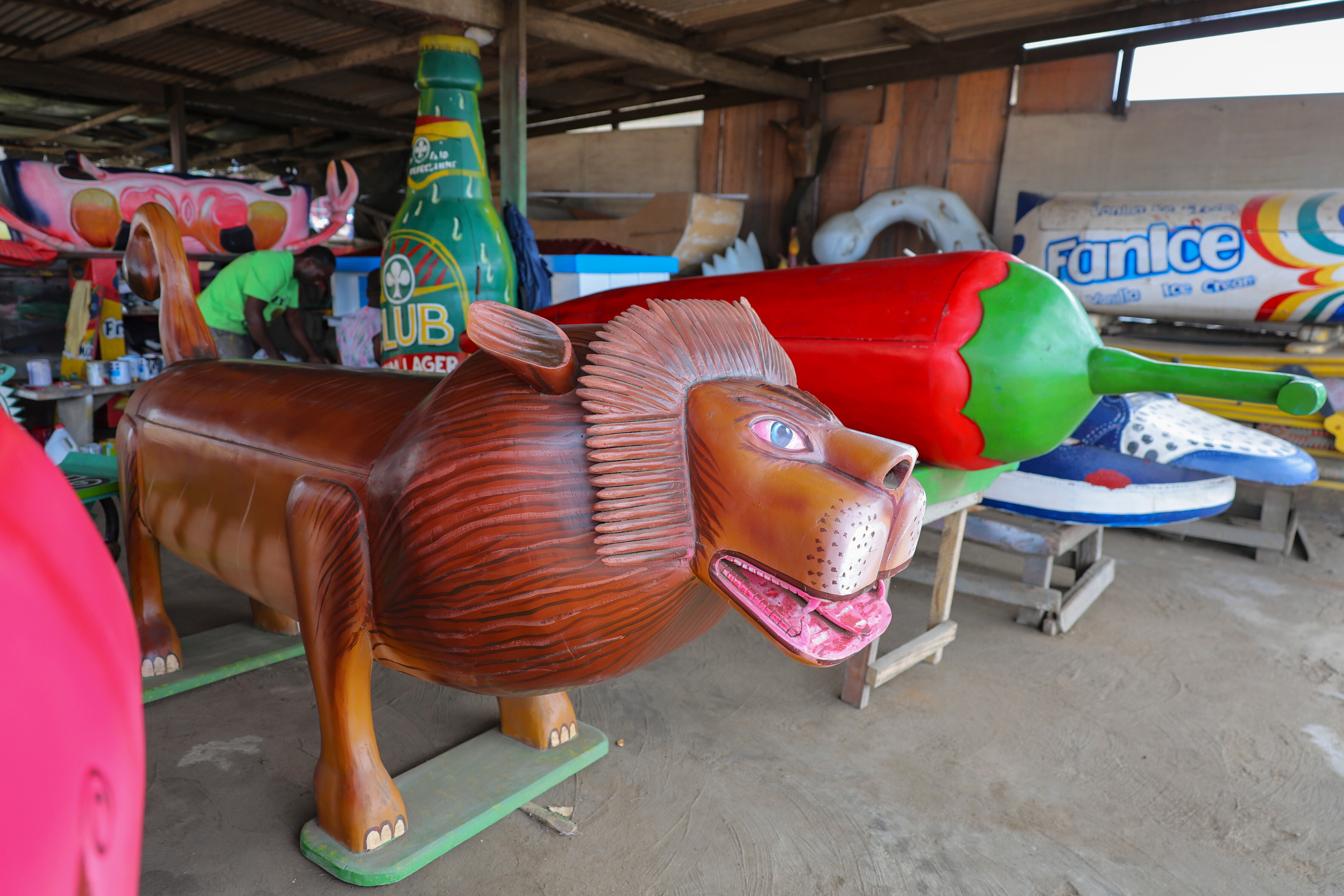 Fantasy coffins are displayed at Eric Kpakpo Adotey’s carpentry shop in La