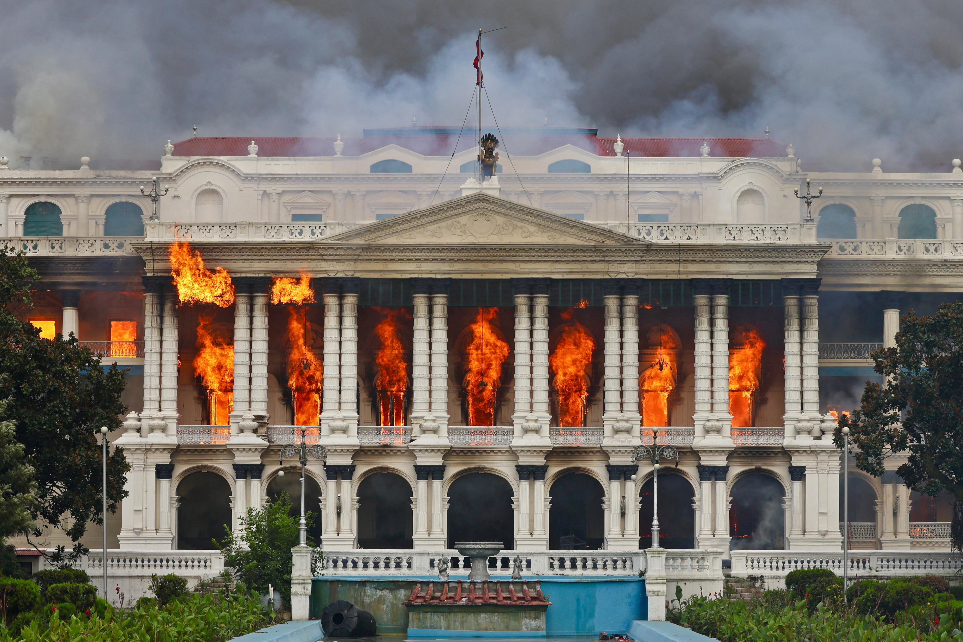 Fire rages through the Singha Durbar, the main administrative building for the Nepal government, in Kathmandu on September 9, 2025