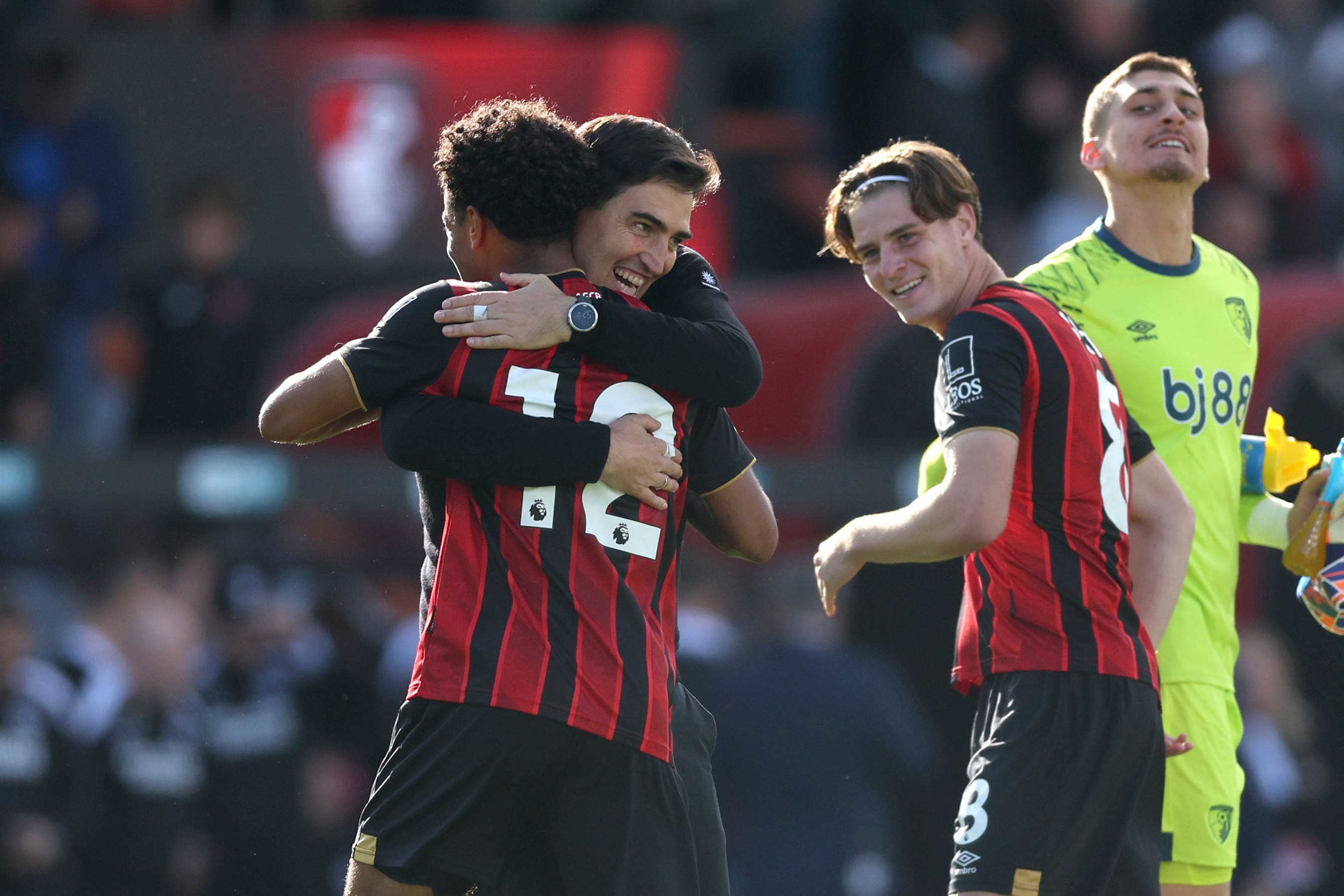 Bournemouth manager Andoni Iraola celebrates with Tyler Adams (Steven Paston/PA)