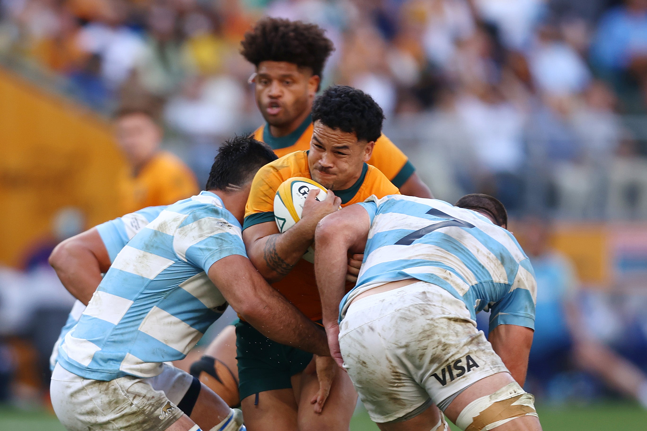 Hunter Paisami of the Wallabies is tackled during The Rugby Championship match between Australia Wallabies and Argentina Pumas