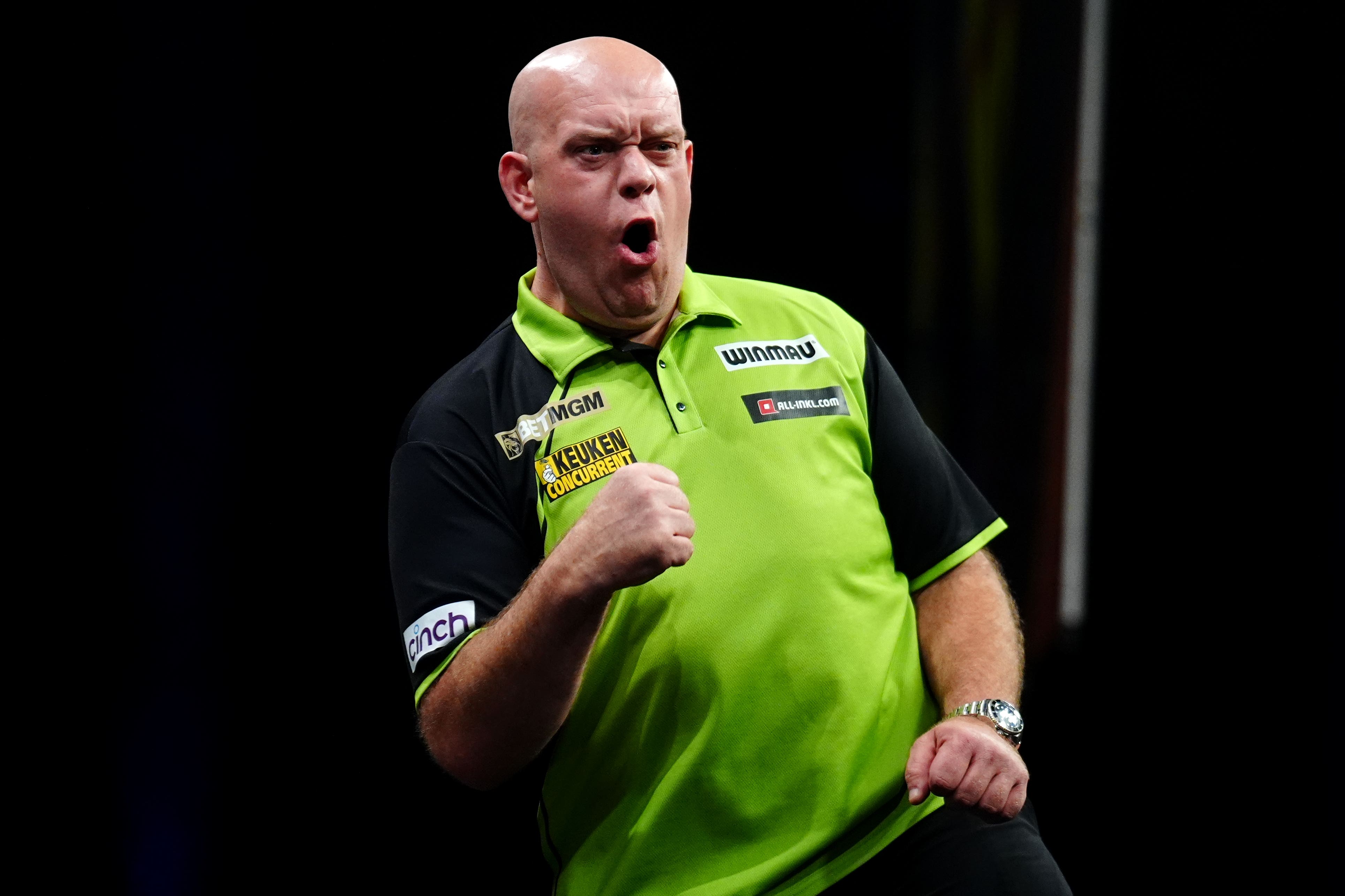 Michael van Gerwen celebrates won his first televised title in two years at the World Series of Darts (Mike Egerton/PA)