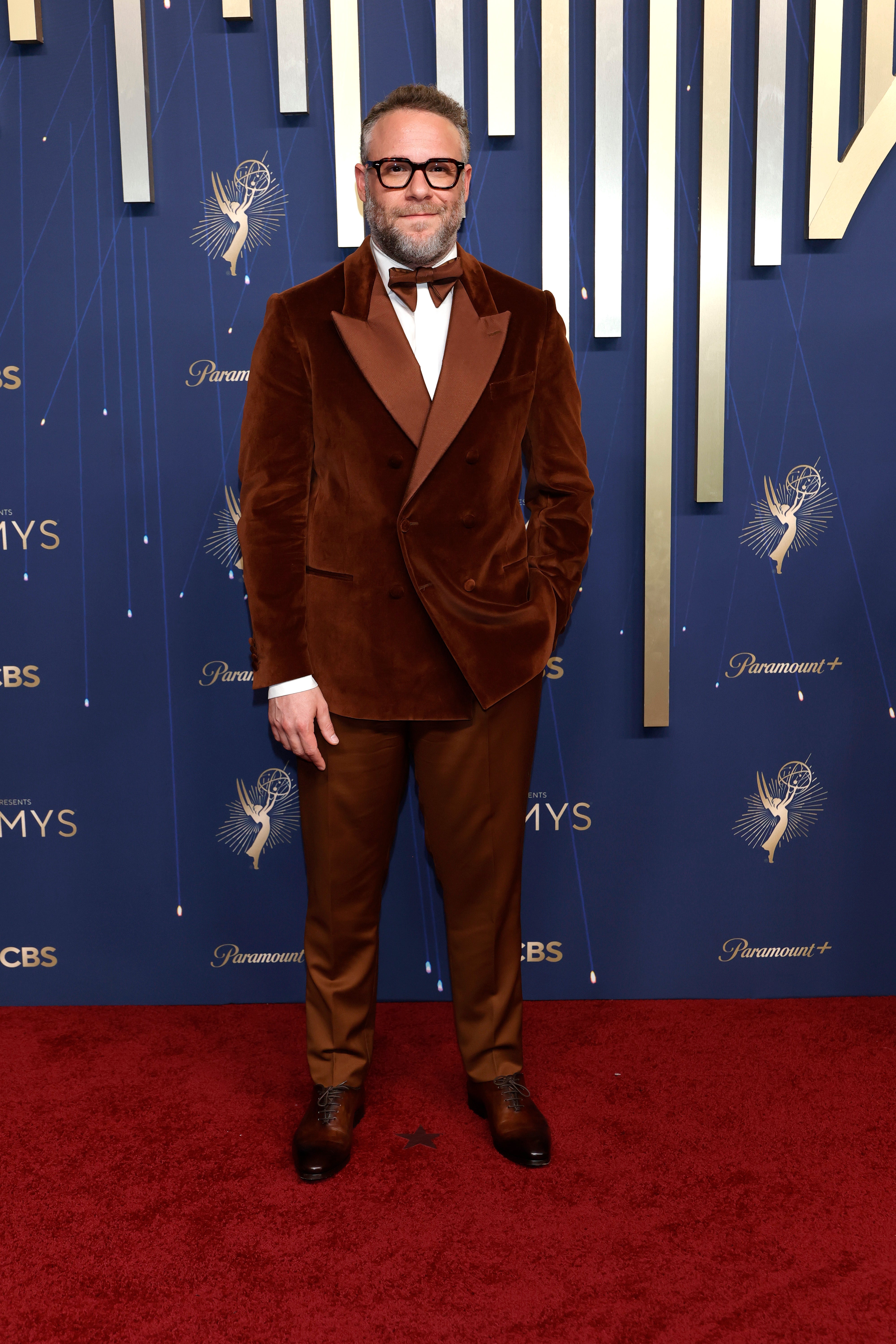 Seth Rogen offered a twist to the usual tuxedo. The Emmy nominee wore a burnt orange velvet jacket and pants, with a matching bowtie and brown leather shoes