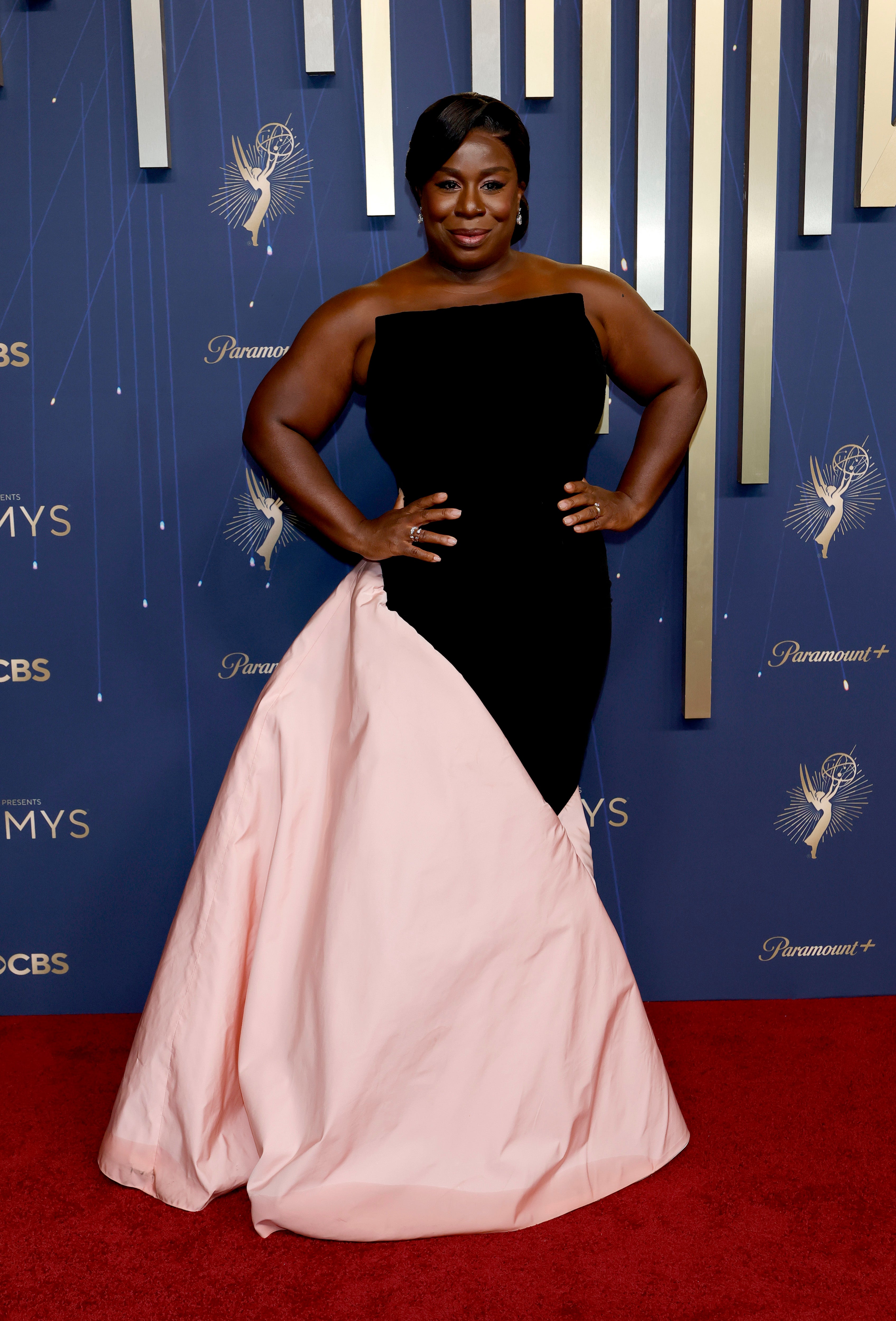 Aduba, nominated for her role on ‘The Residence,’ did not nail the asymmetrical look. The square neckline could have worked better with a more tapered skirt instead of a puffy one