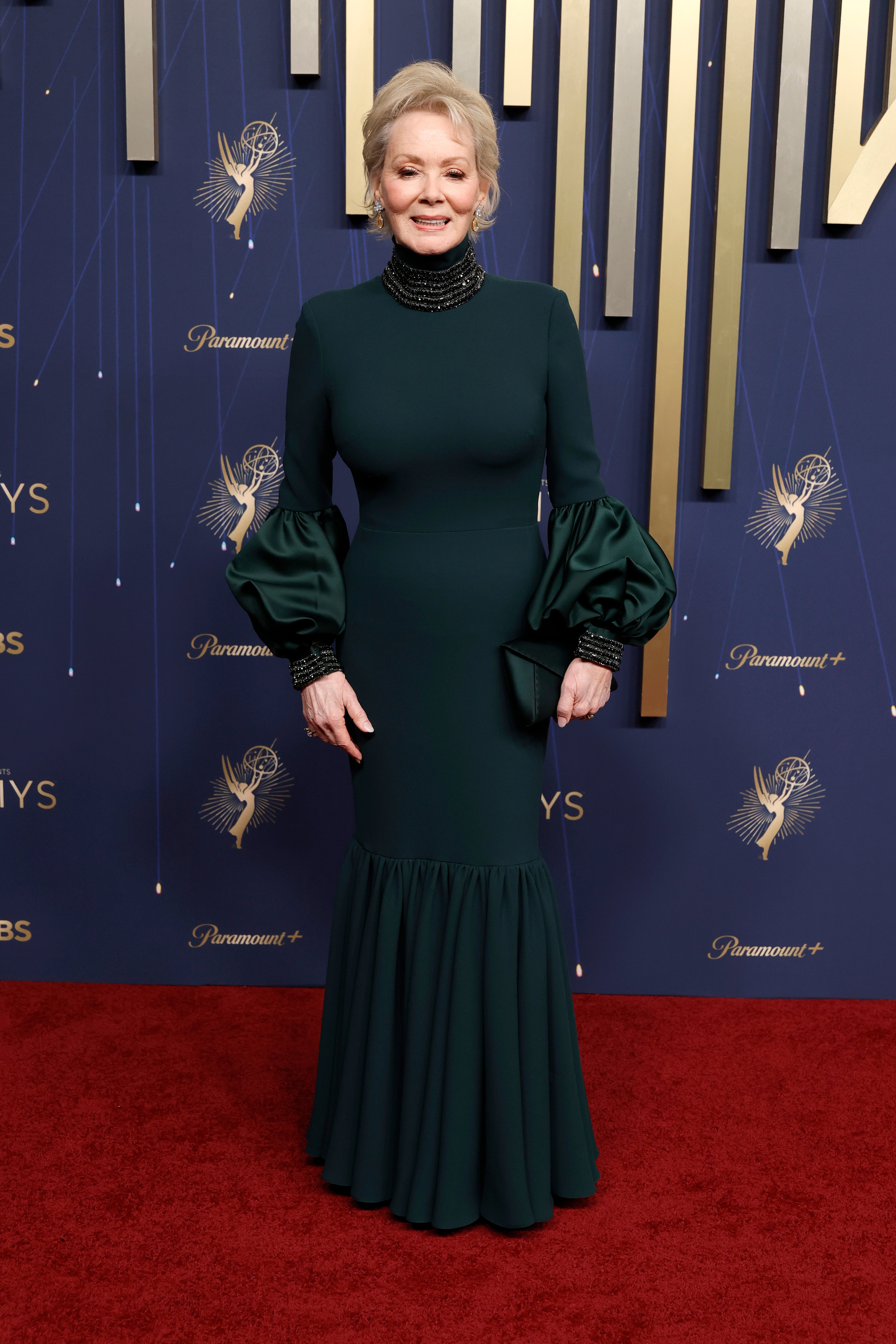 ‘Hacks’ star Jean Smart exuded elegance in an emerald green dress. With her hair swept back, the dress - including the puff sleeves and jewel-encrusted wrist and neck details - took center stage