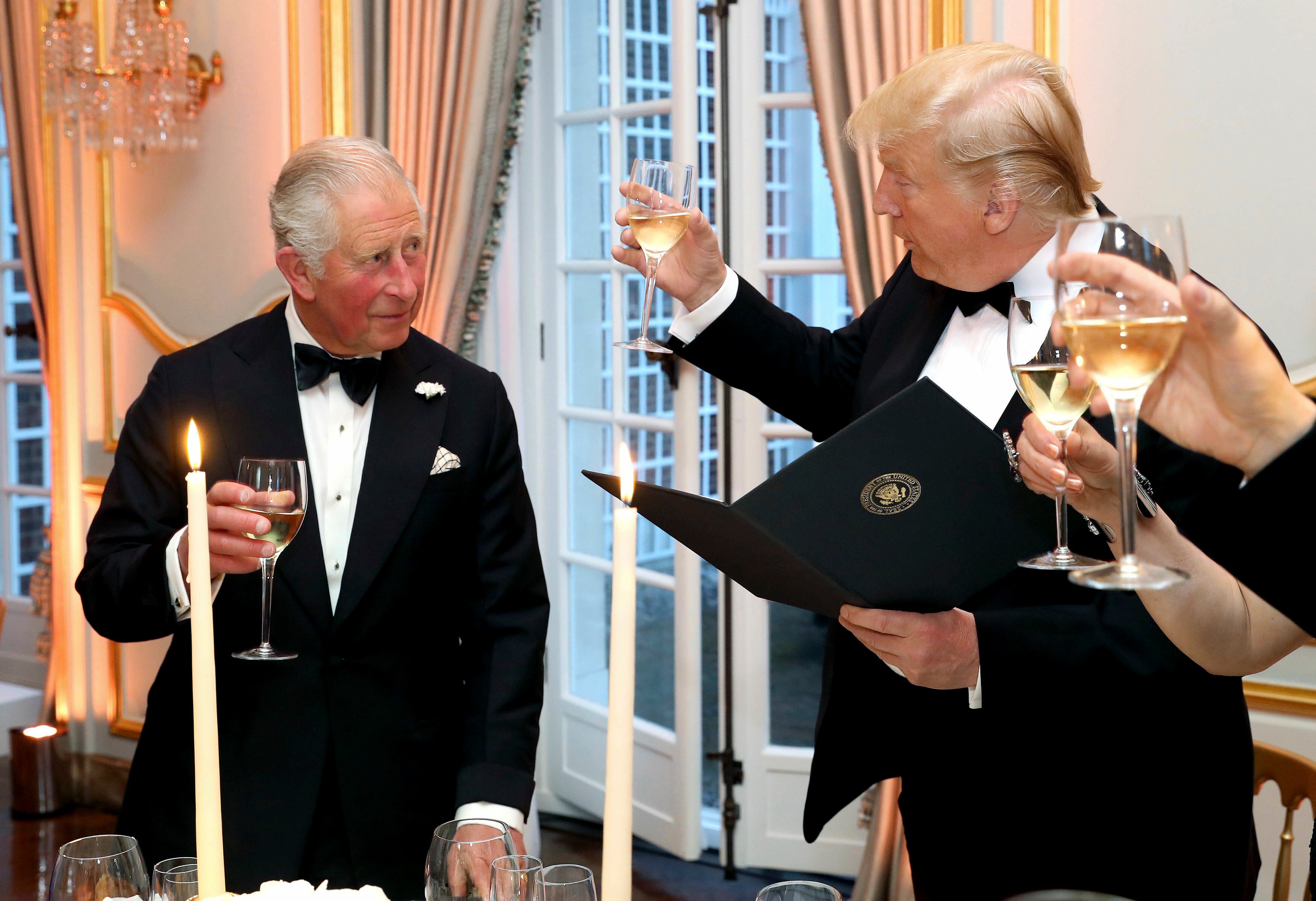 Donald Trump and Charles, when he was the Prince of Wales, toast during the president's first state visit to the UK in 2019