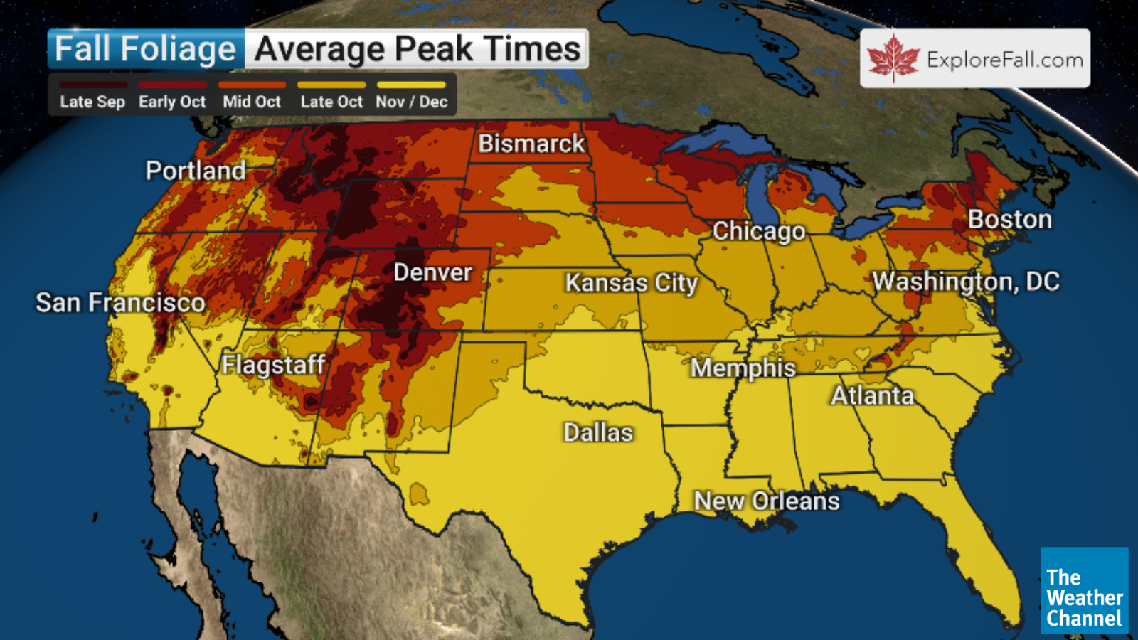 A Weather Channel map showing peak fall foliage times for the U.S.