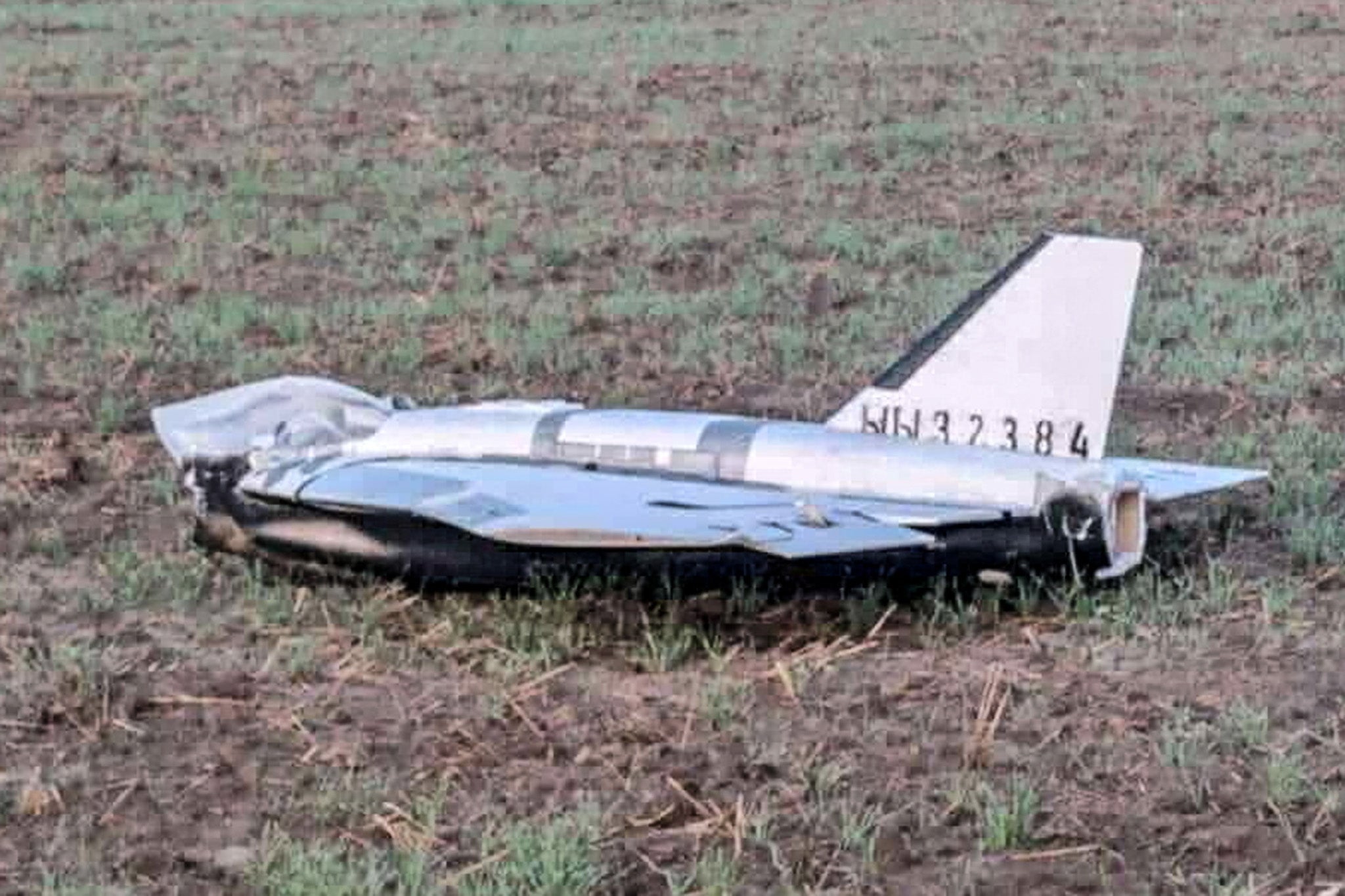 A damaged drone lies after falling in the eastern Polish village of Czosnowka