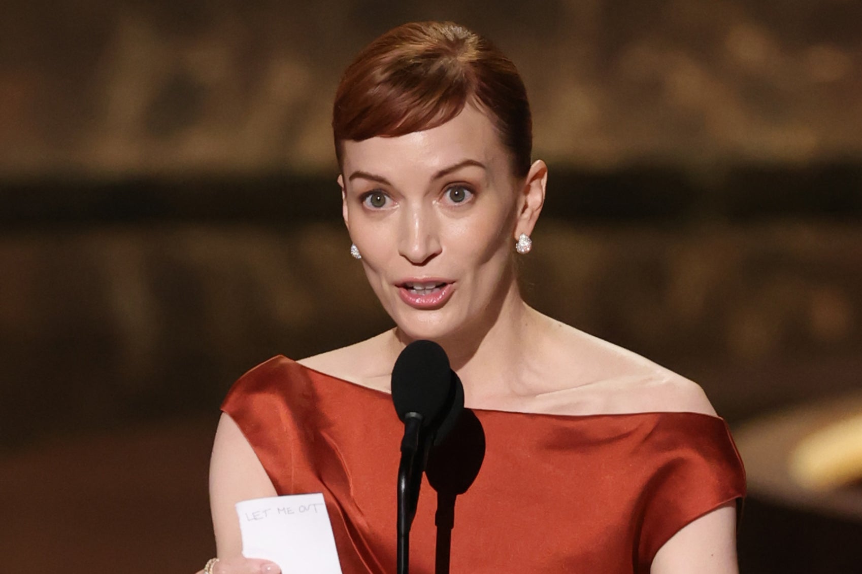 'Severance' star Britt Lower with the words 'Let Me Out' written on her Emmys acceptance speech