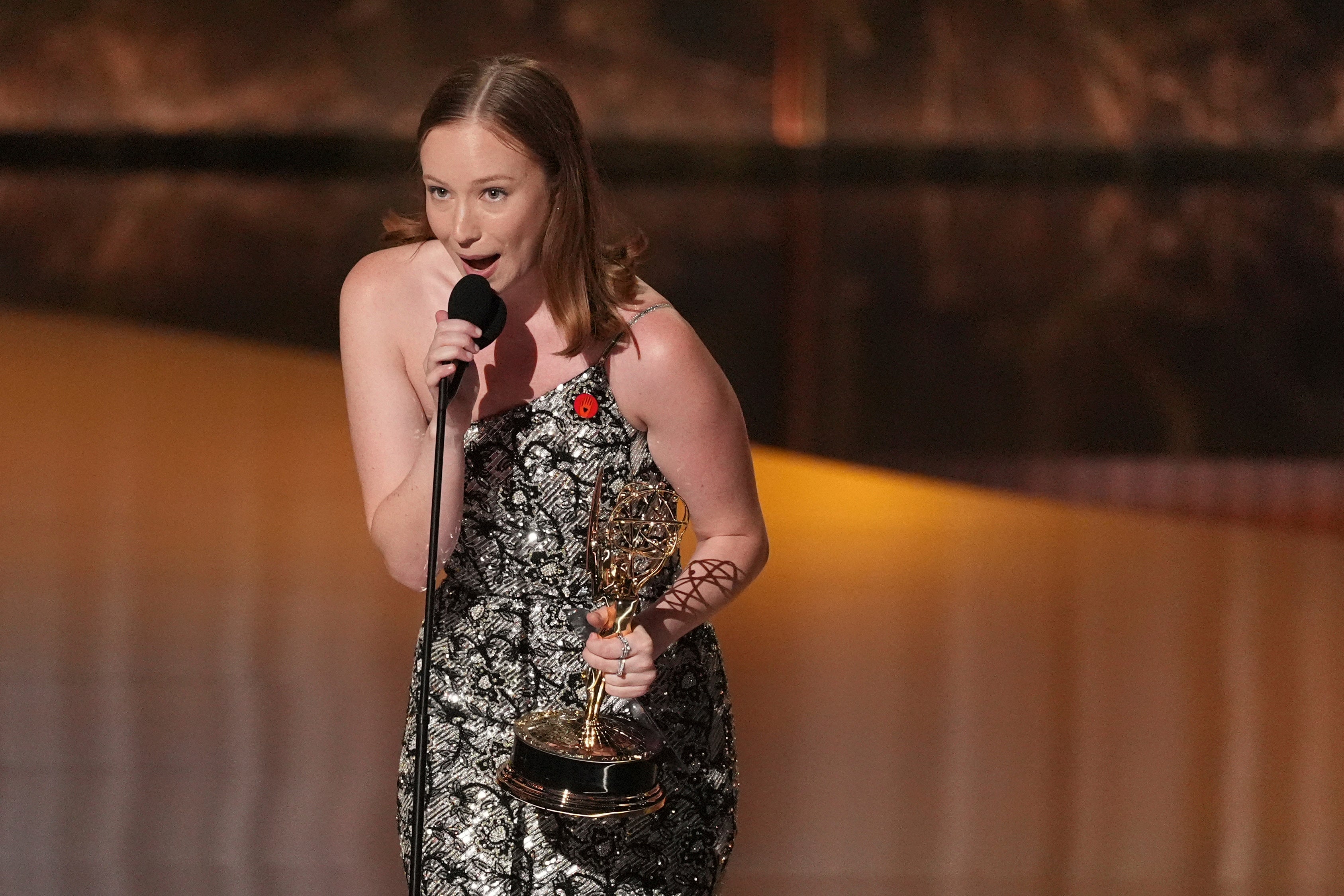 Hannah Einbinder accepts the award for outstanding supporting actress in a comedy series for "Hacks" during the 77th Primetime Emmy Awards