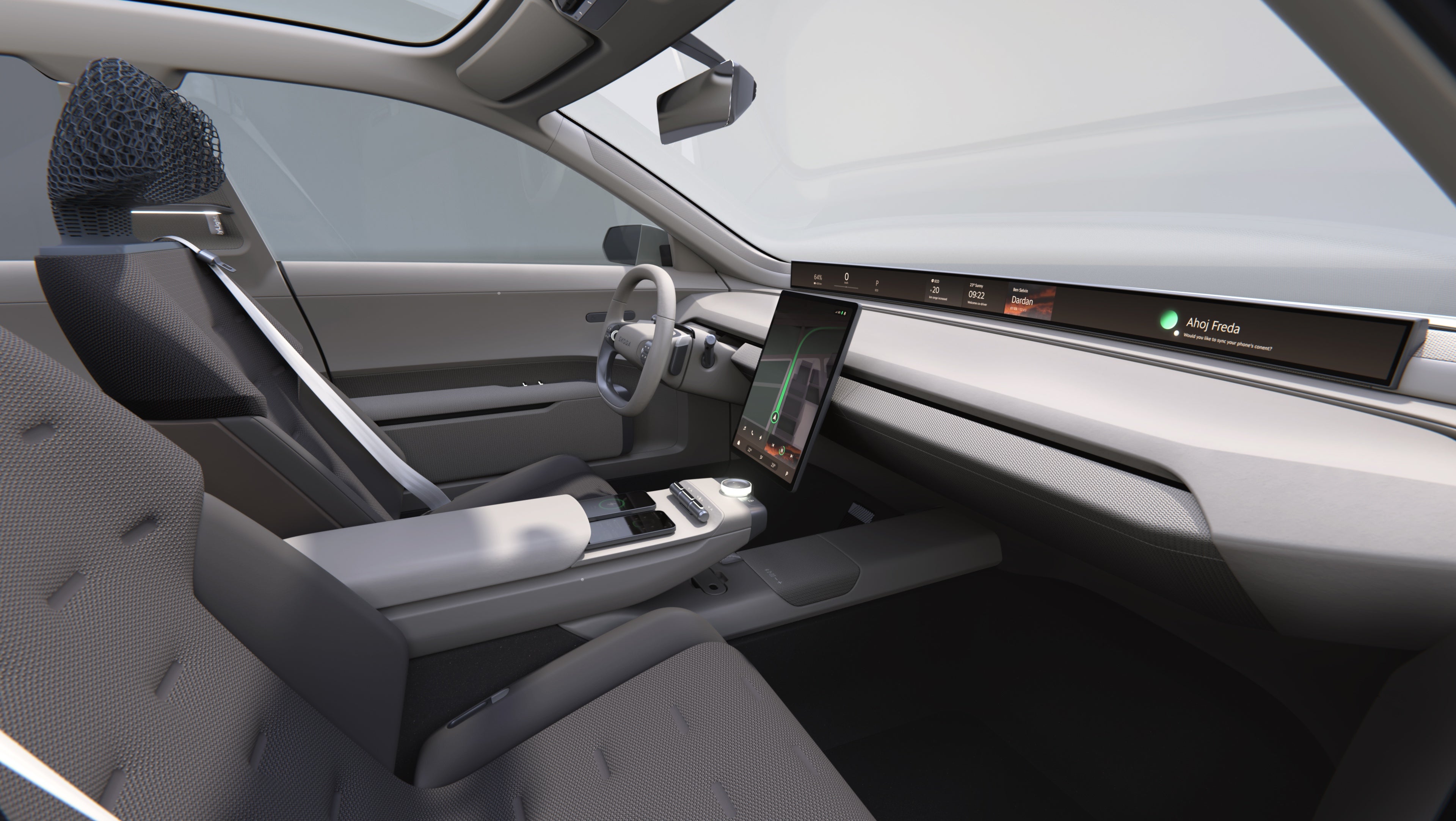The Vision O Concept features the Skoda Horizon Display – a full-width screen stretching more than 1.2 metres across the dash
