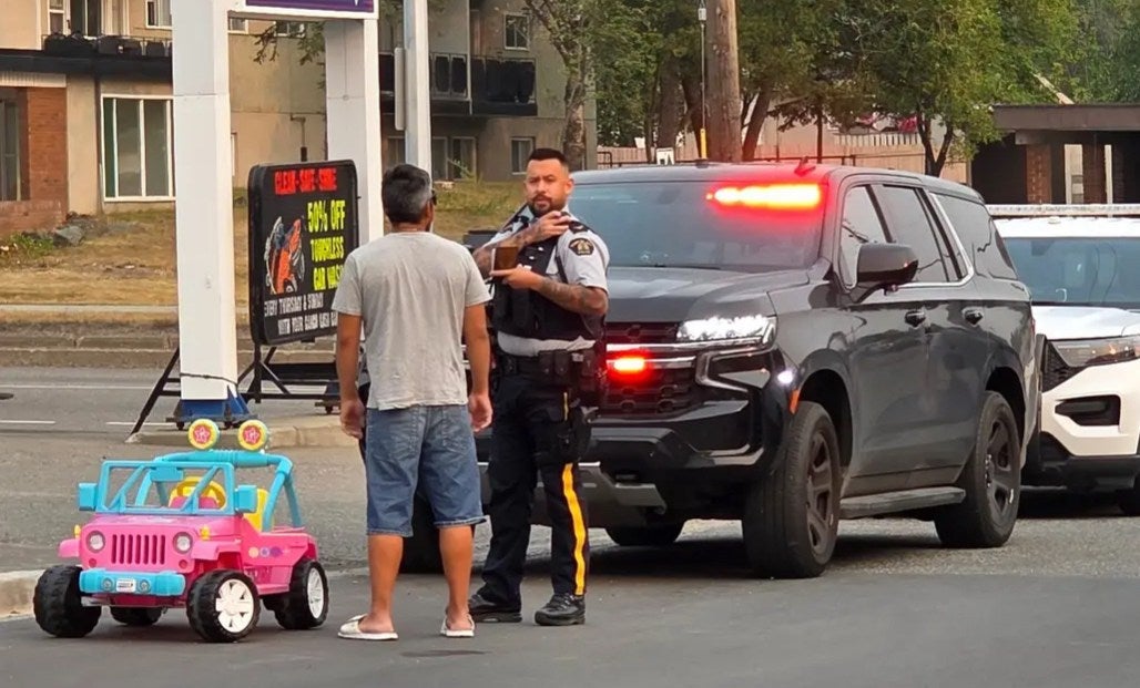 <p>Kasper Lincoln was arrested while driving this pink children’s Barbie jeep down a busy road in Prince George, British Columbia</p>