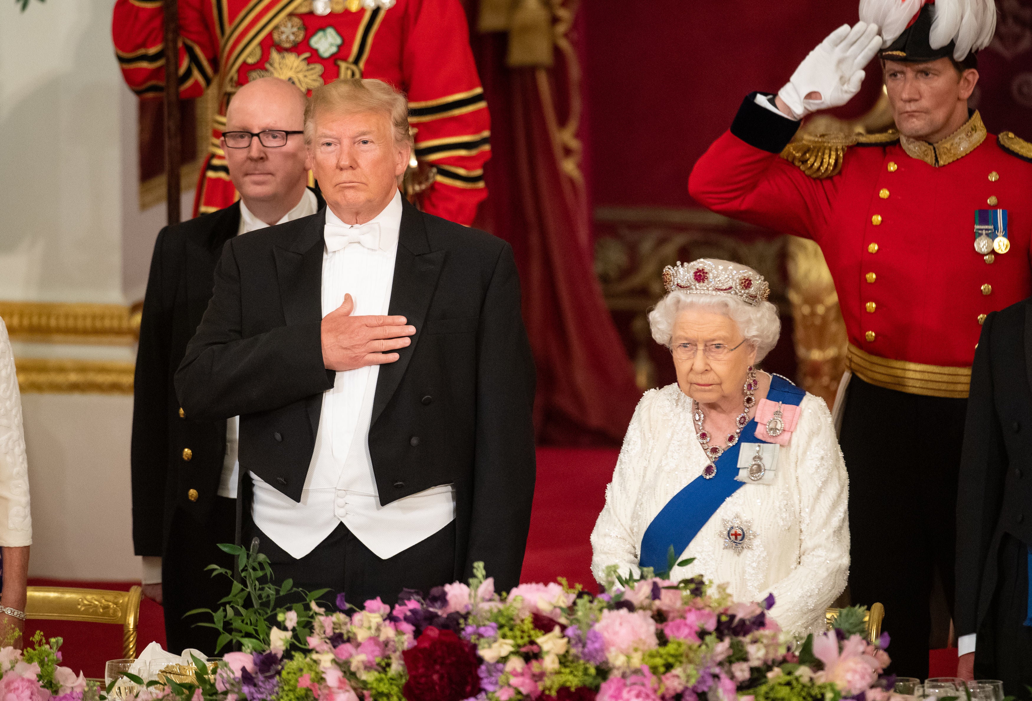 Mr Trump with Queen Elizabeth II at a state banquet in 2019