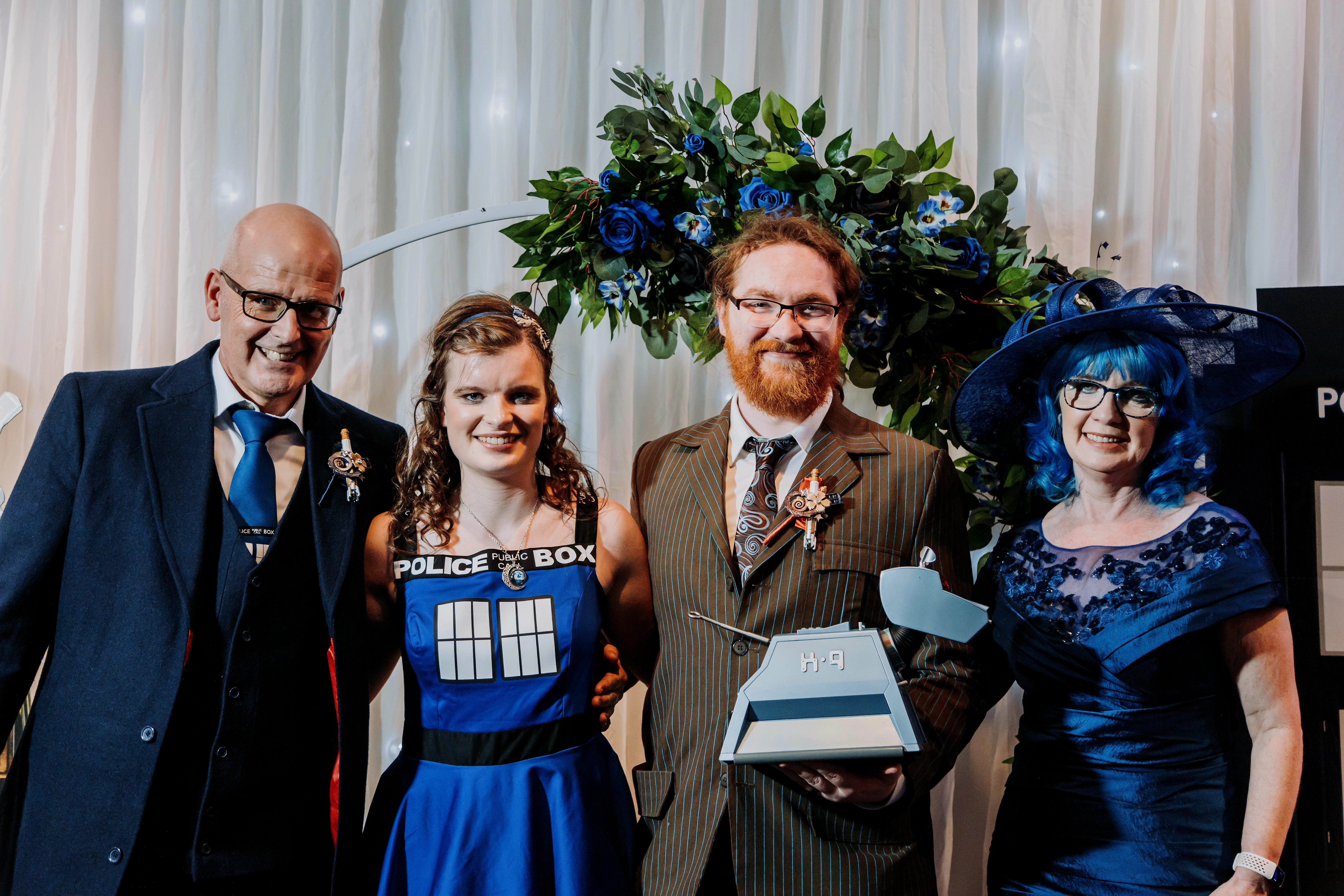 William, his wife Ellie, their youngest daughter Hayley and her husband Andrew at their Doctor Who-themed wedding