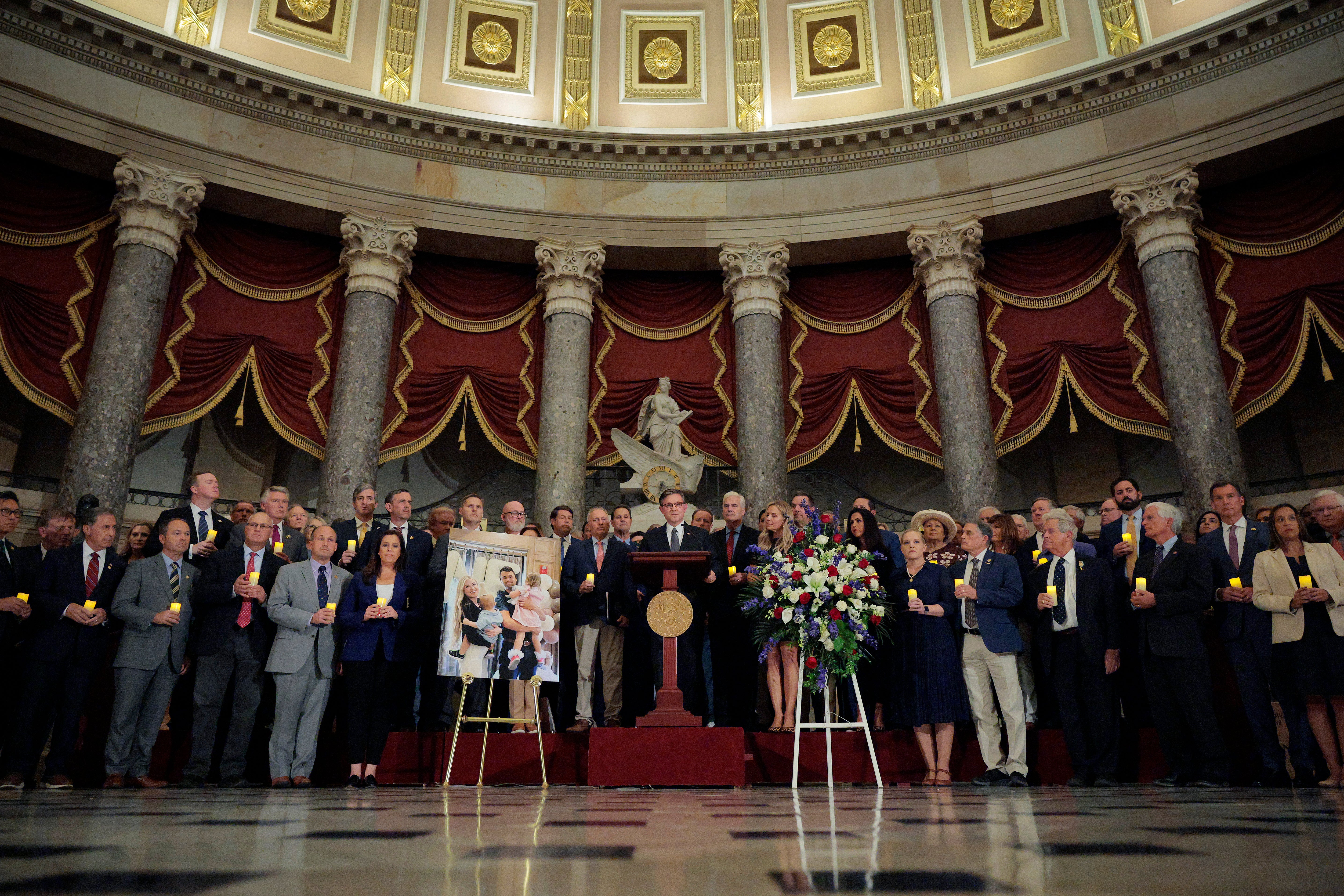 Speaker of the House Mike Johnson (R-LA) is surrounded by members of the House of Representatives a he speaks during a memorial vigil for conservative leader and Turning Point USA founder Charlie Kirk. As the fallout from Kirk’s death continues, Republicans and senior members of the government have been vocal about the perceived division that is growing between both sides of the political aisle