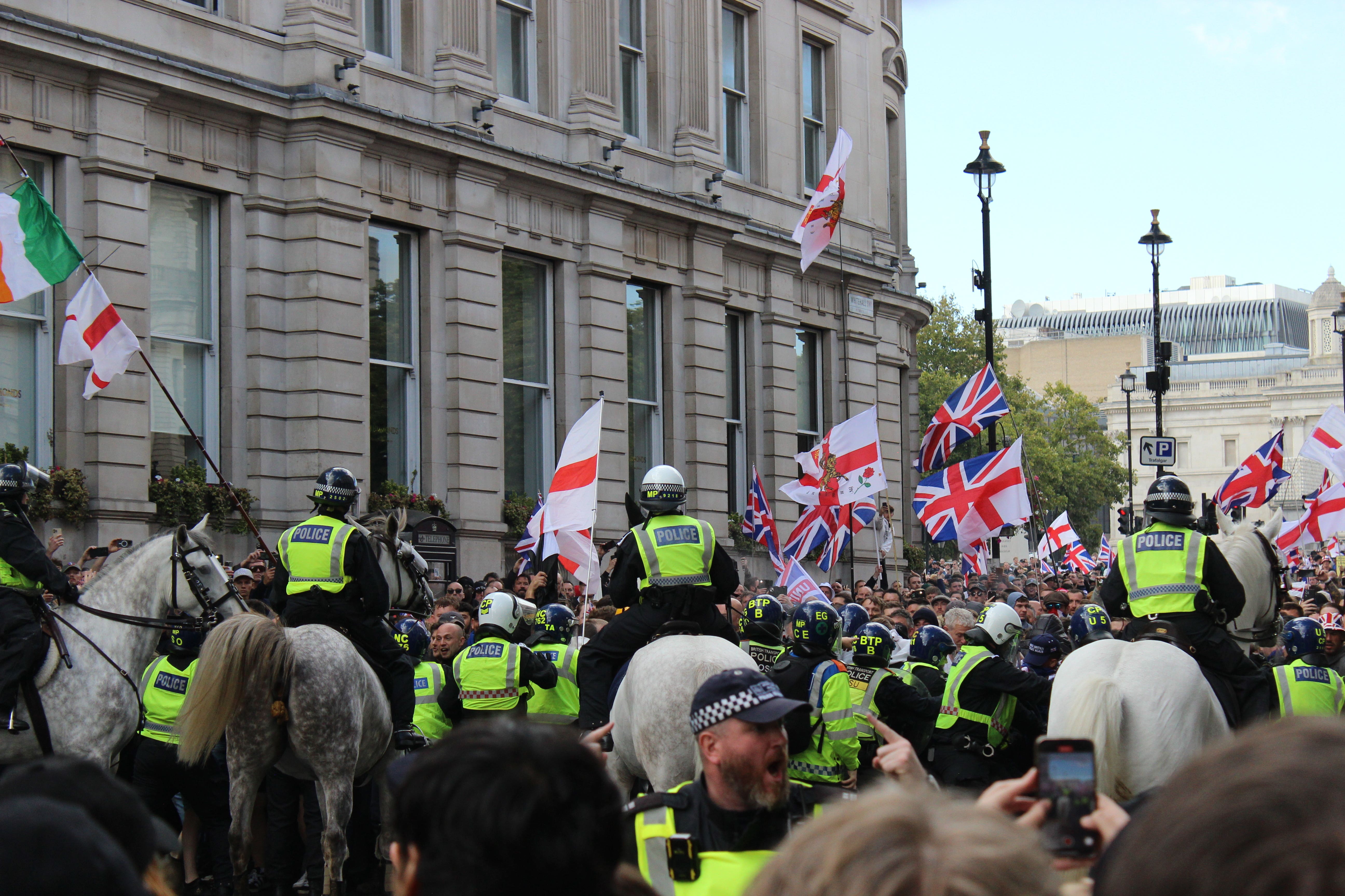 Police push back protesters taking part in the Tommy Robinson-led Unite the Kingdom march and rally on Whitehall in central London (Pol Allingham/PA Wire)