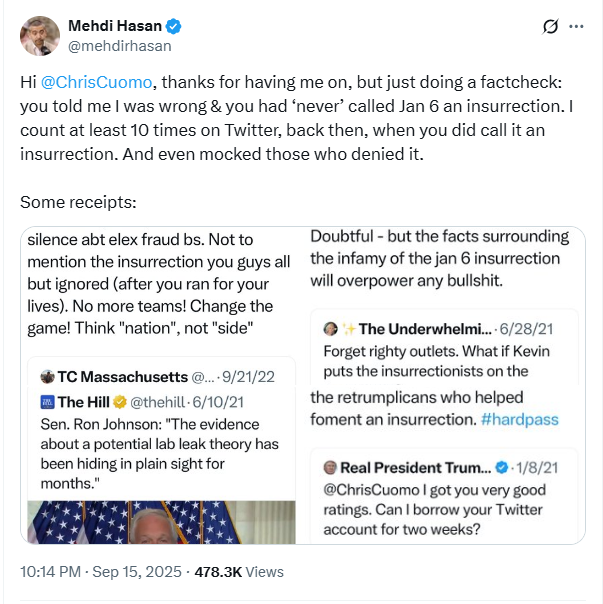 Mehdi Hasan shares several examples of Chris Cuomo calling the January 6 attack an "insurrection."