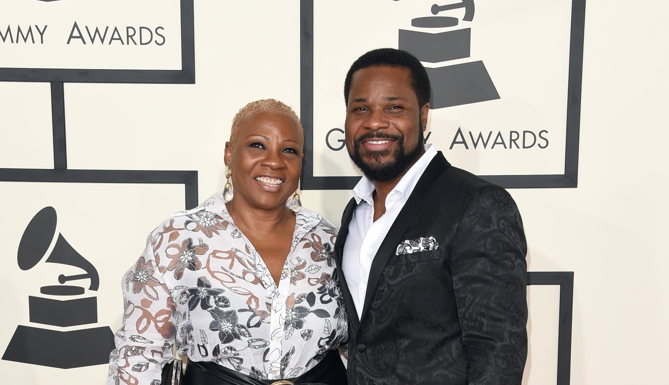 Malcolm-Jamal Warner and his mother Pamela at the 2015 Grammys