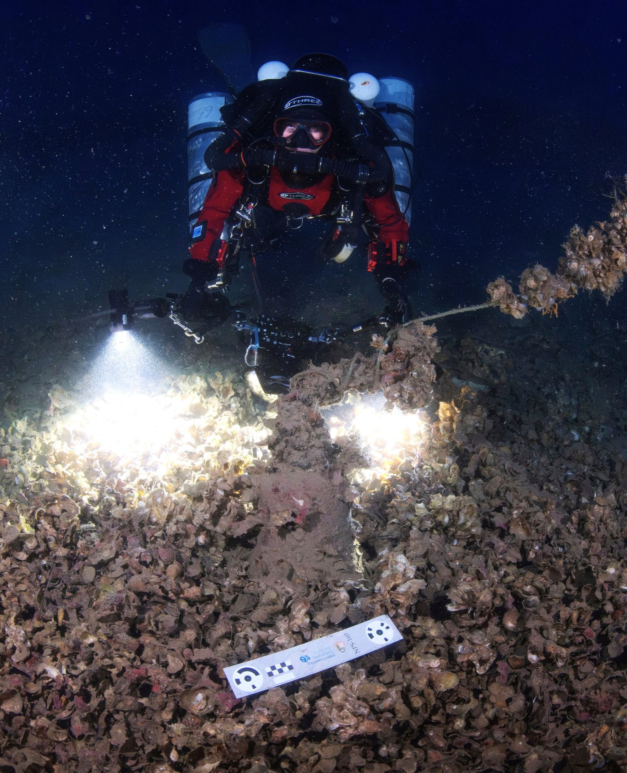 In this undated photo provided by the Greek Culture Ministry on Monday, Sept. 15, 2025, a diver carefully sifts to recover objects from the wreck site of the Britannic, sister ship to the Titanic, for the first time since the ocean liner sank in the Aegean Sea more than a century ago after striking a mine during World War I. (Greek Culture Ministry via AP)
