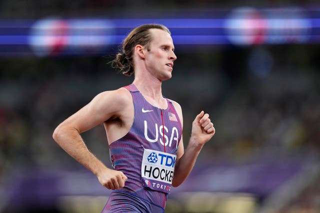 <p>Cole Hocker races in a men's 1,500 meters semifinal at the World Athletics Championships</p>